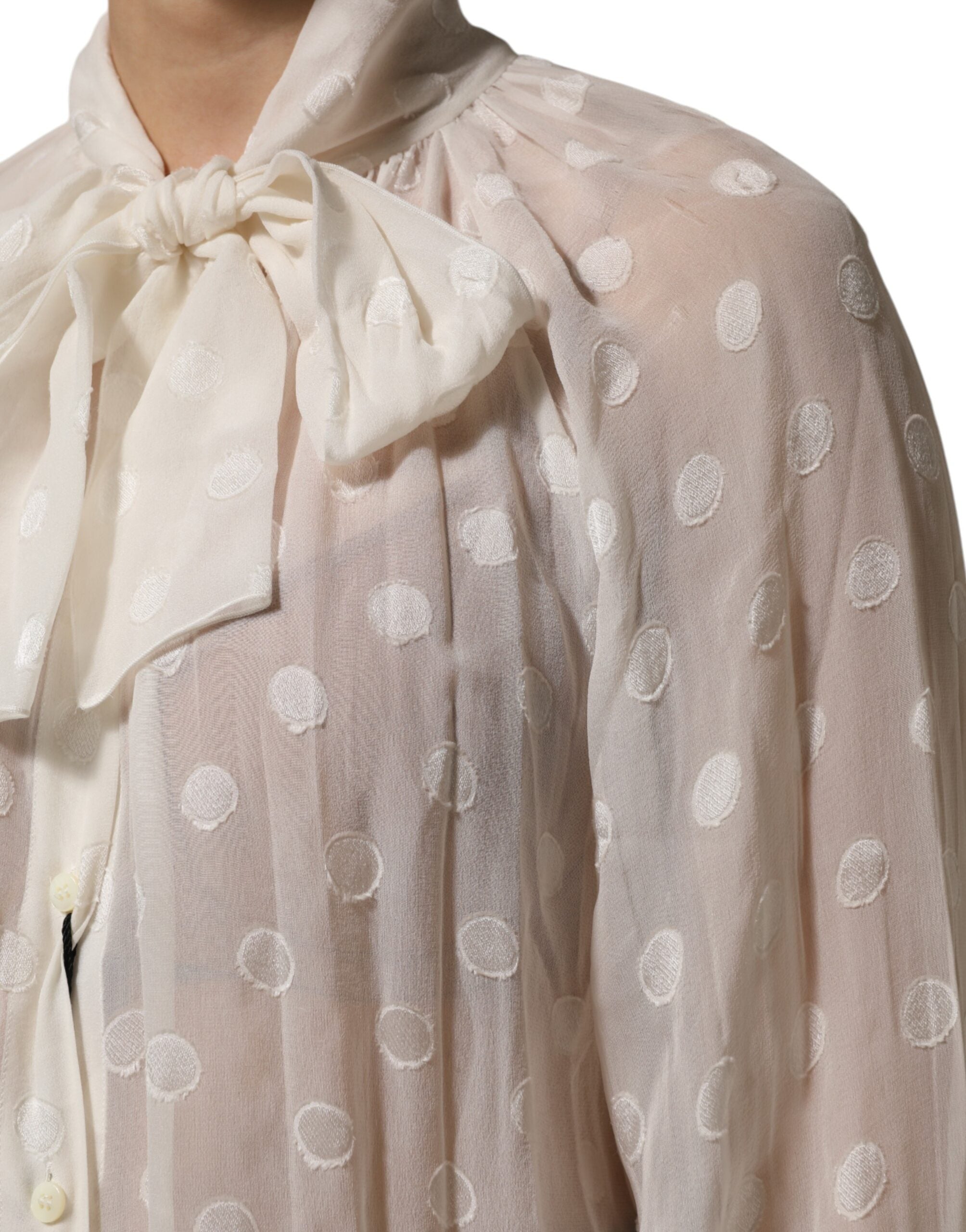 Dolce & Gabbana White Polka Sheer Silk Bow Tie Shirt Blouse Women's Top (Pre-Owned)