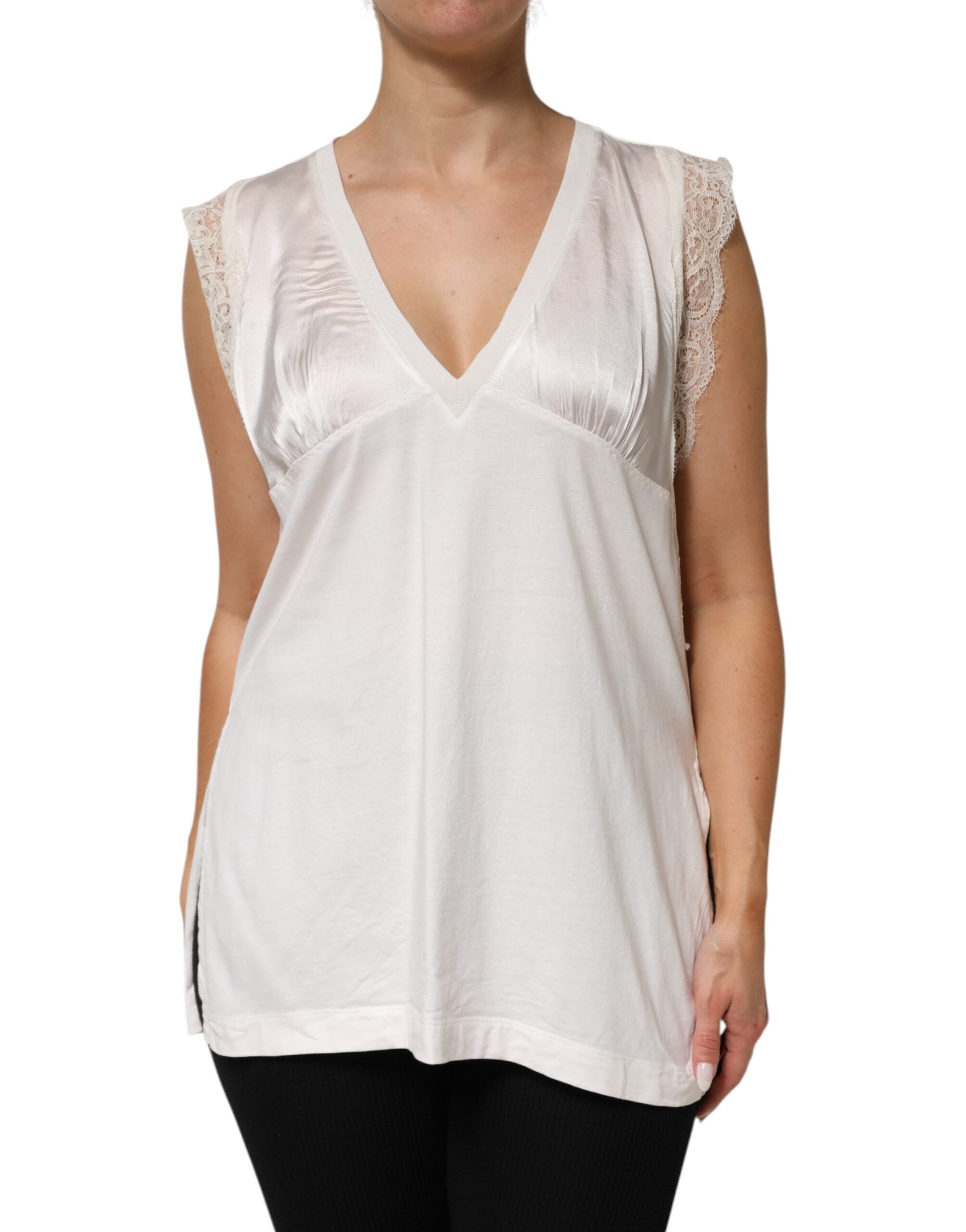 PINKO White Silk Blend Lace Trim Sleeveless V-Neck Women’s Women's Top