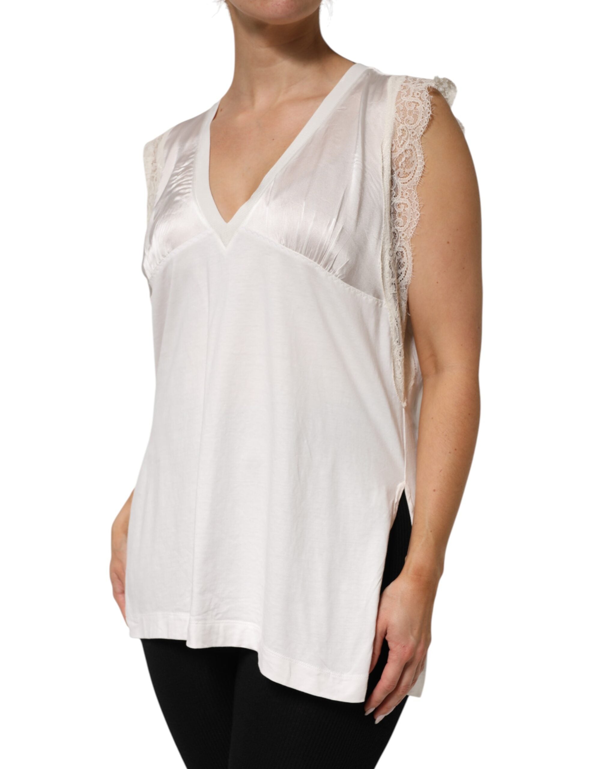 PINKO White Silk Blend Lace Trim Sleeveless V-Neck Women’s Women's Top