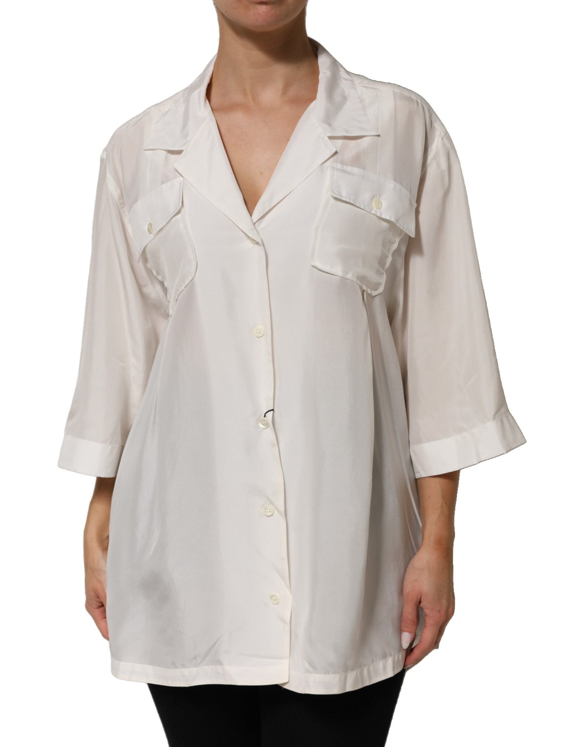 Dolce & Gabbana White Silk Collared 3/4 Sleeves Blouse Women's Top