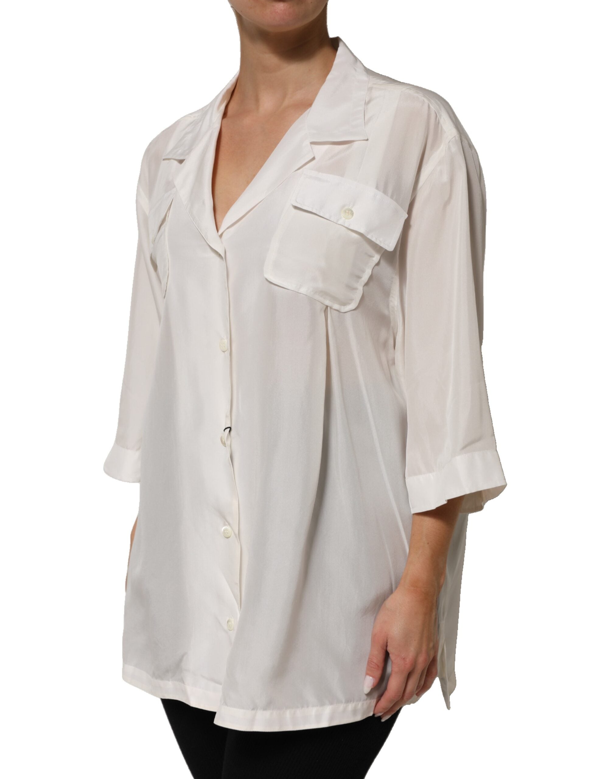 Dolce & Gabbana White Silk Collared 3/4 Sleeves Blouse Women's Top