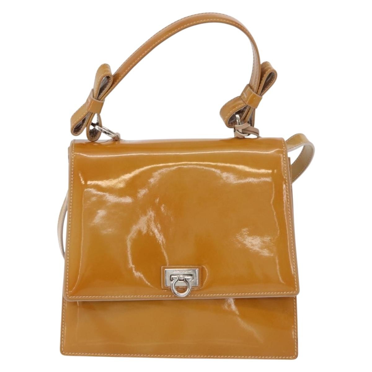 Salvatore Ferragamo Gancini Patent Leather Beige Patent_Leather Handbag (Pre-Owned)