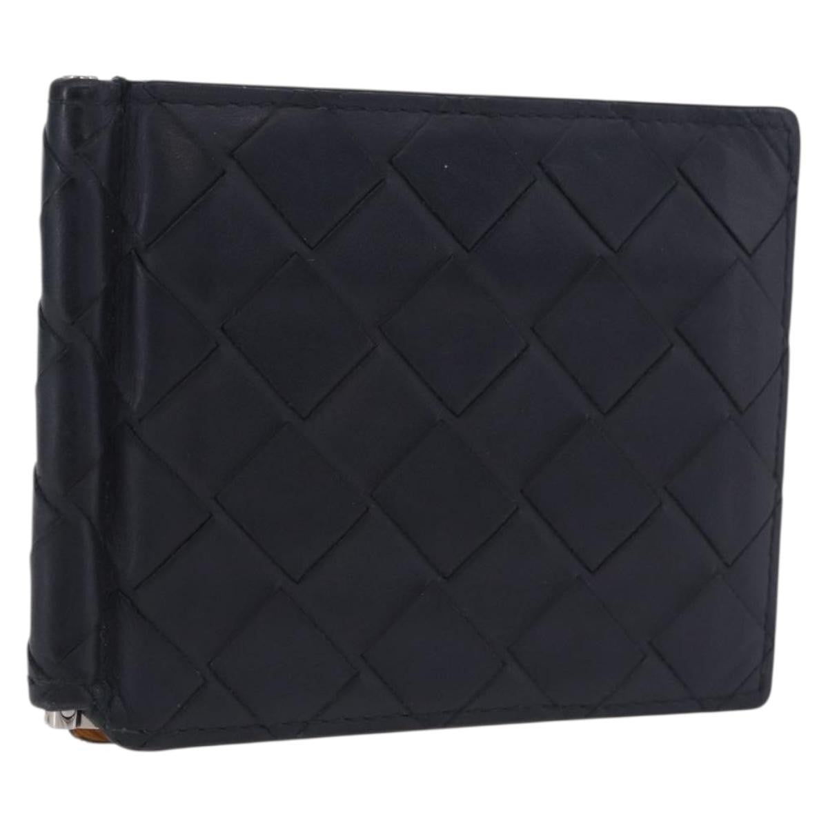 Bottega Veneta Bifold Card Holder Intercciato Leather Navy Leather Card Holders Accessory (Pre-Owned)