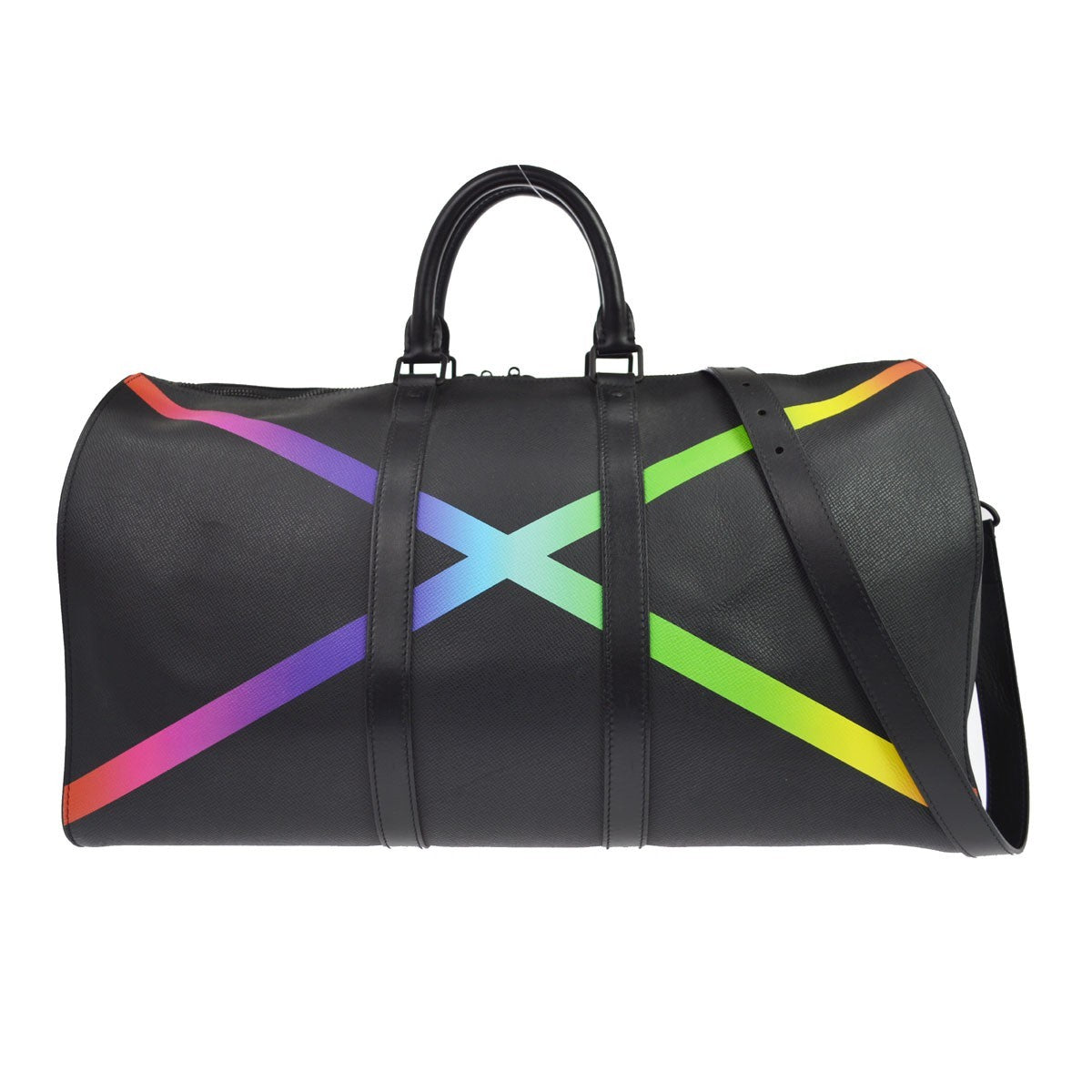 Louis Vuitton Keepall Bandouliere Rainbow Taiga Leather Black Leather Travel Bag Bag (Pre-Owned)