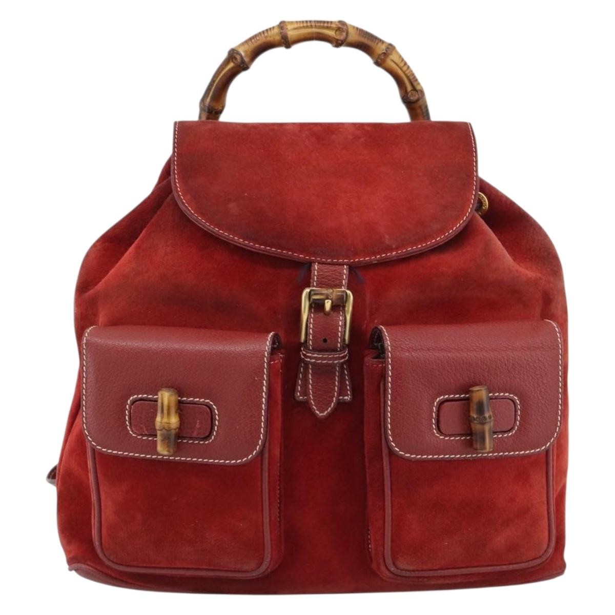 Gucci Vintage Bamboo Suede Red Suede Backpack Bag (Pre-Owned)