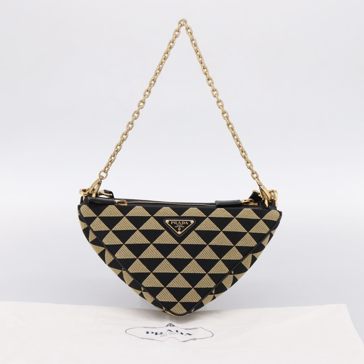 Prada Symbole Triangle Jacquard Beige Canvas Handbag (Pre-Owned)