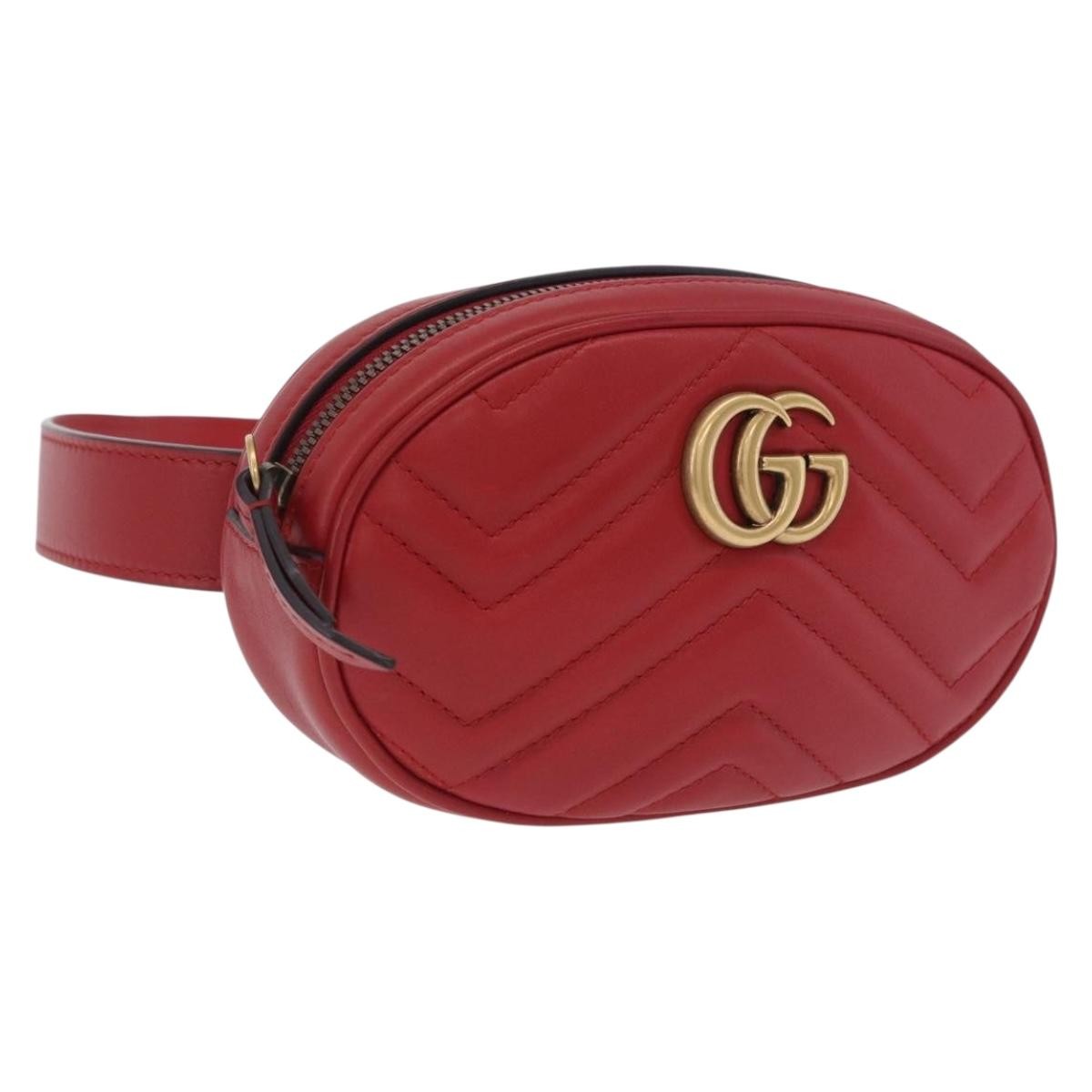 Gucci Gg Marmont Belt Matelasse Leather Red Leather Handbag (Pre-Owned)