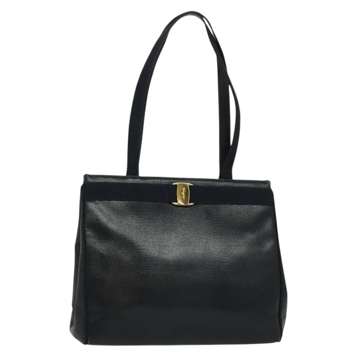 Salvatore Ferragamo Vintage Vara Bow Tote Lizard Embossed Leather Navy Leather Tote Bag Bag (Pre-Owned)