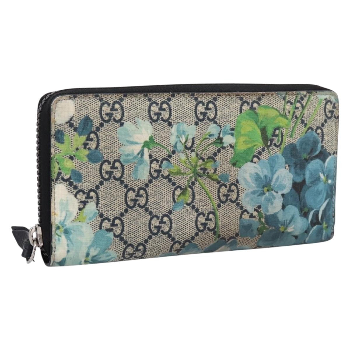 Gucci Zip Around Blooms Print Gg Coated Canvas Blue Pvc Wallets Accessory (Pre-Owned)