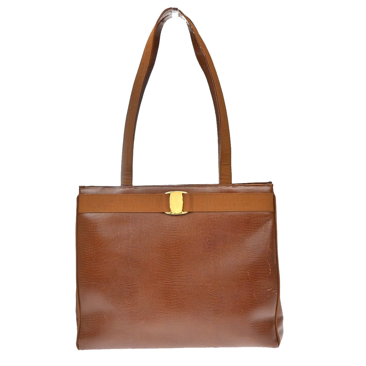 Salvatore Ferragamo Vala Tote Embossed Leather Brown Leather Tote Bag Bag (Pre-Owned)
