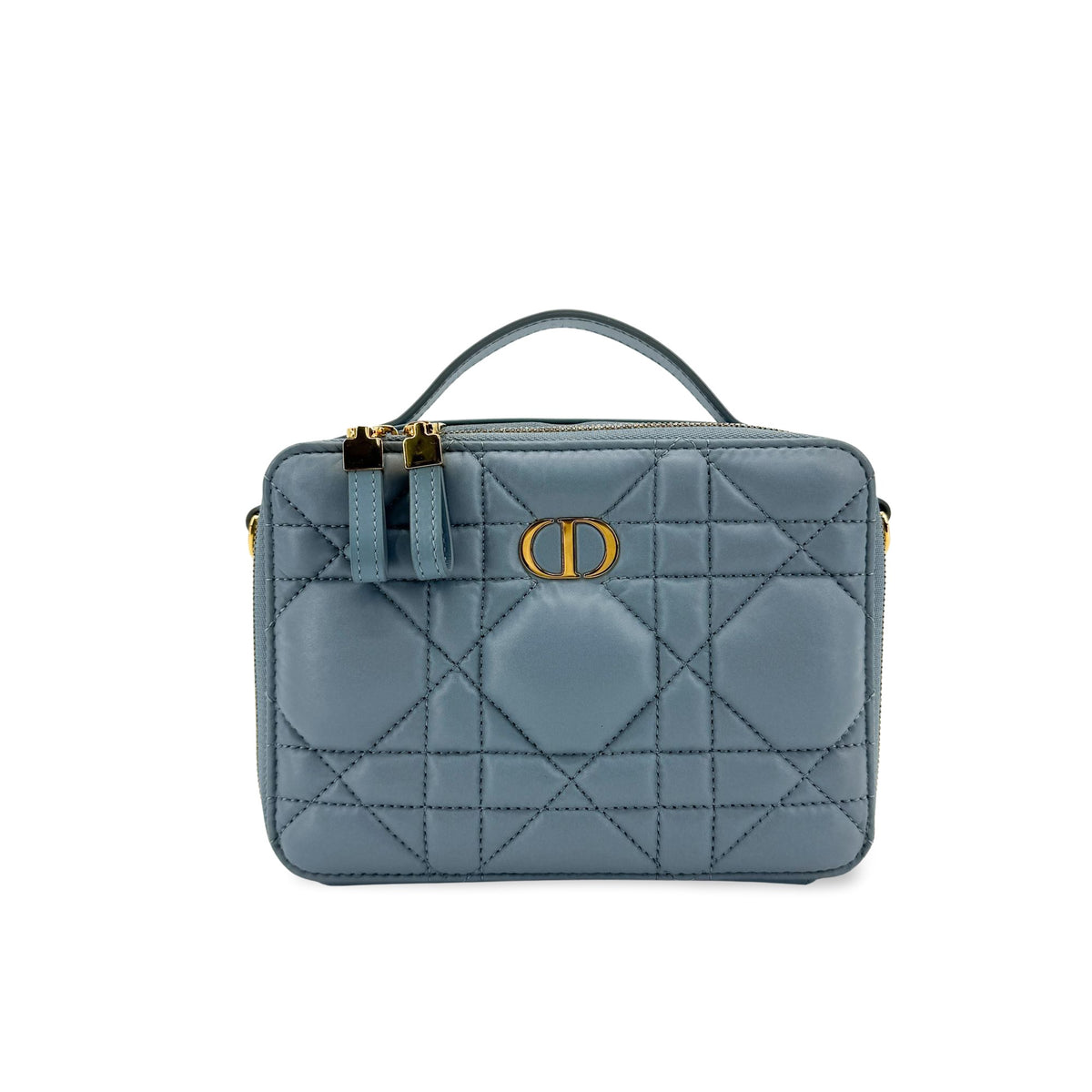 Christian Dior Caro Box Bag With Chain Macrocannage Quilt Calfskin Blue Leather Handbag (Pre-Owned)