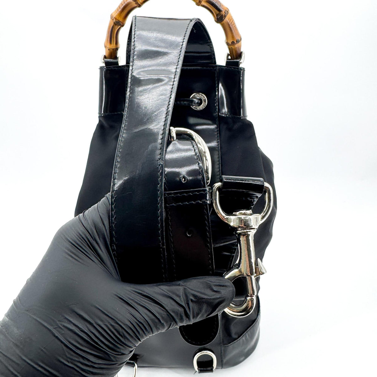 Gucci Vintage Bamboo Drawstring Suede And Leather Black Nylon Backpack Bag (Pre-Owned)