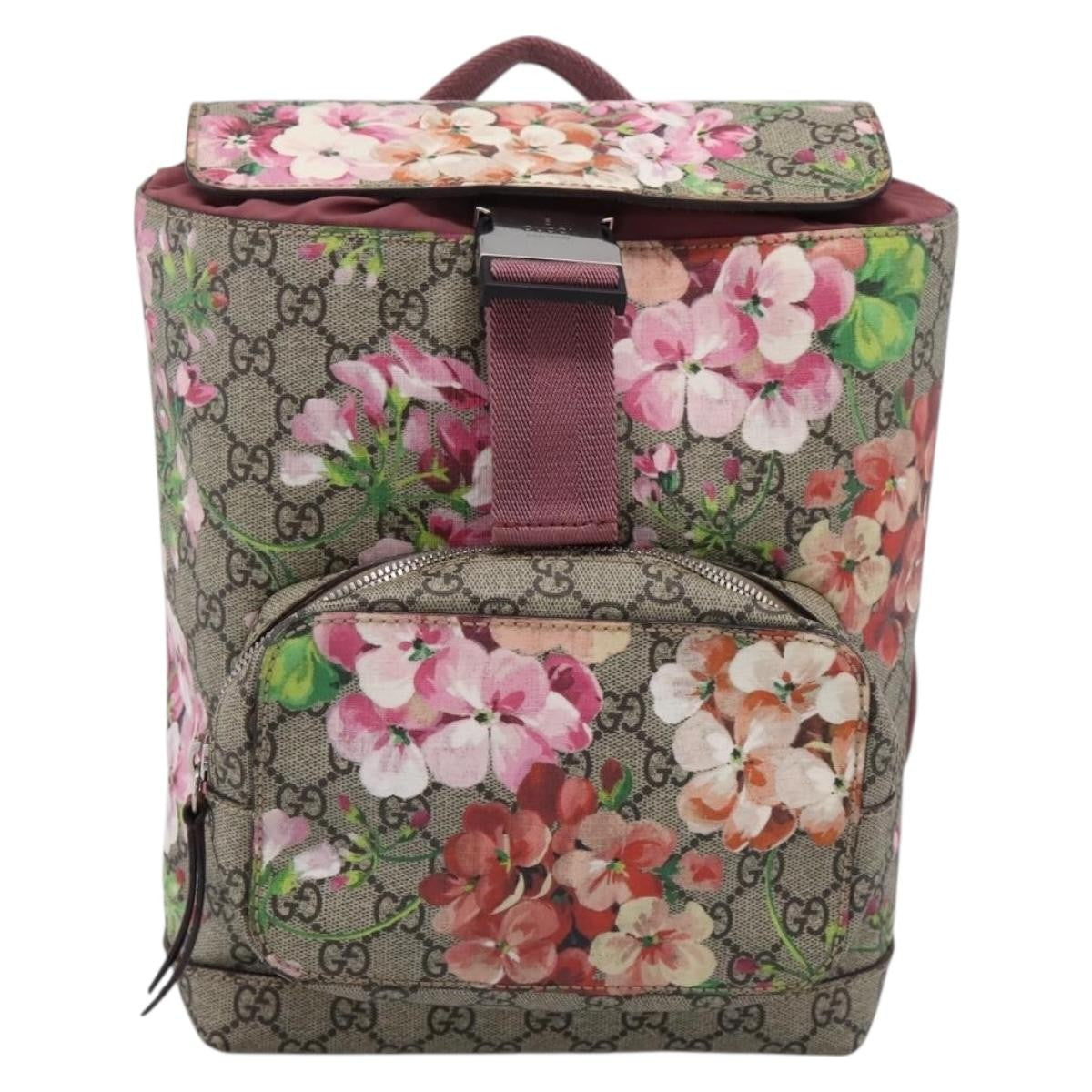 Gucci Buckle Blooms Print Gg Coated Canvas Beige Canvas Backpack Bag (Pre-Owned)