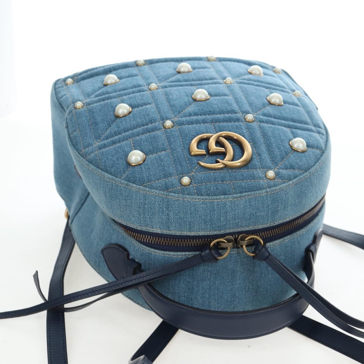 Gucci Pearly Gg Marmont Embellished Matelasse Denim Blue Denim_Jeans Backpack Bag (Pre-Owned)
