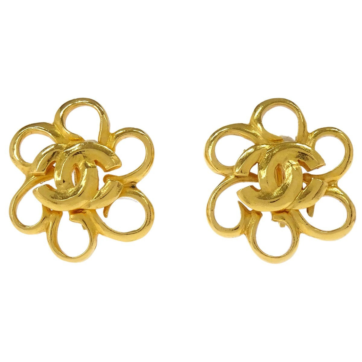 Chanel Vintage Cc Flower Clip-On Metal Gold Gold_Plated Earrings Jewelry (Pre-Owned)