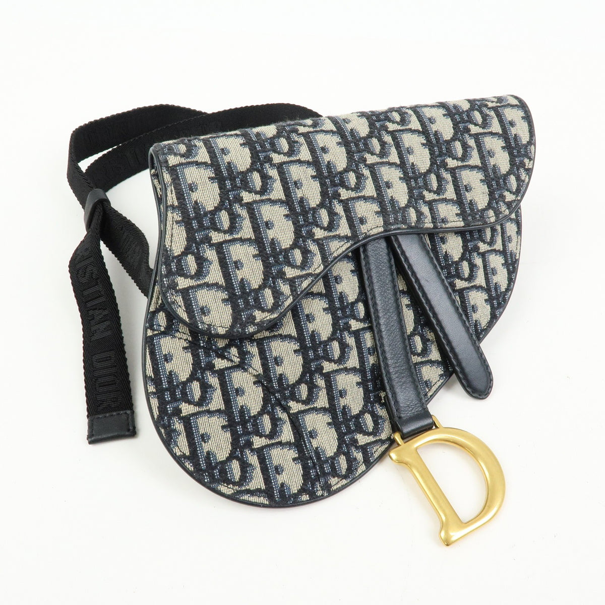 Christian Dior Saddle Belt Oblique Canvas Navy Canvas Handbag (Pre-Owned)