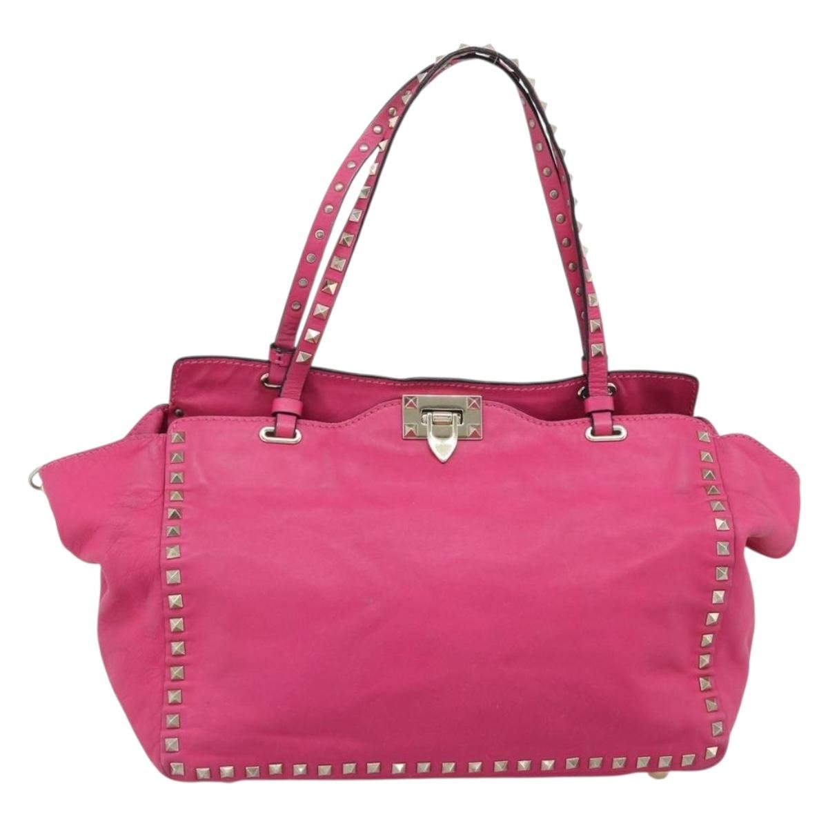 Valentino Garavani Rockstud Tote Textured Leather Pink Leather Tote Bag Bag (Pre-Owned)