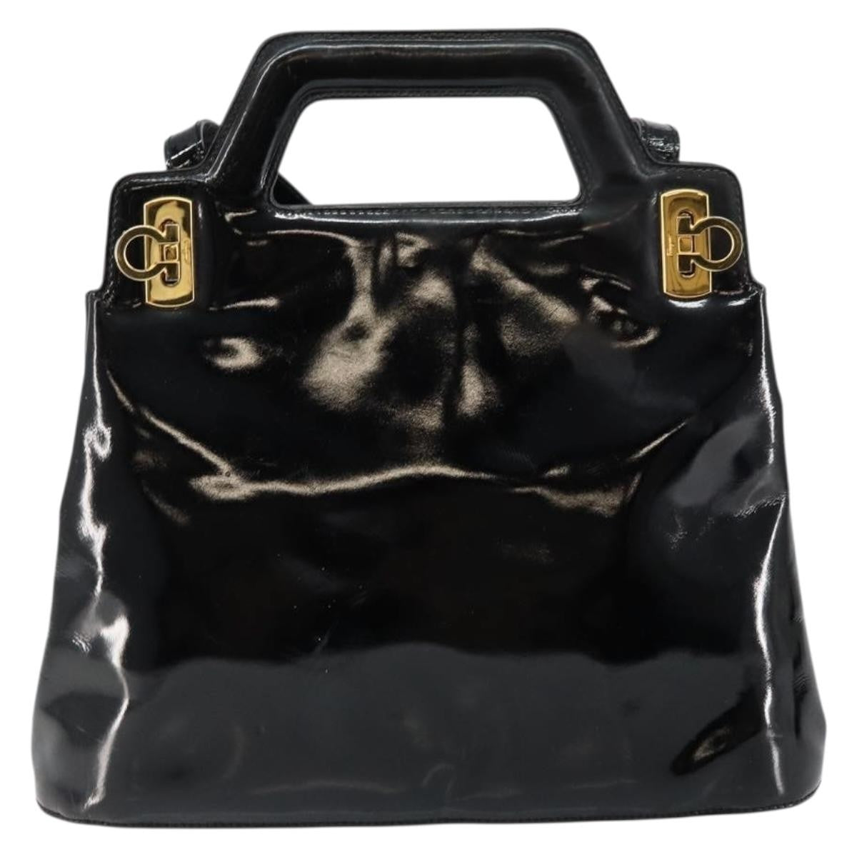 Salvatore Ferragamo Wanda Patent Leather Black Patent_Leather Handbag (Pre-Owned)