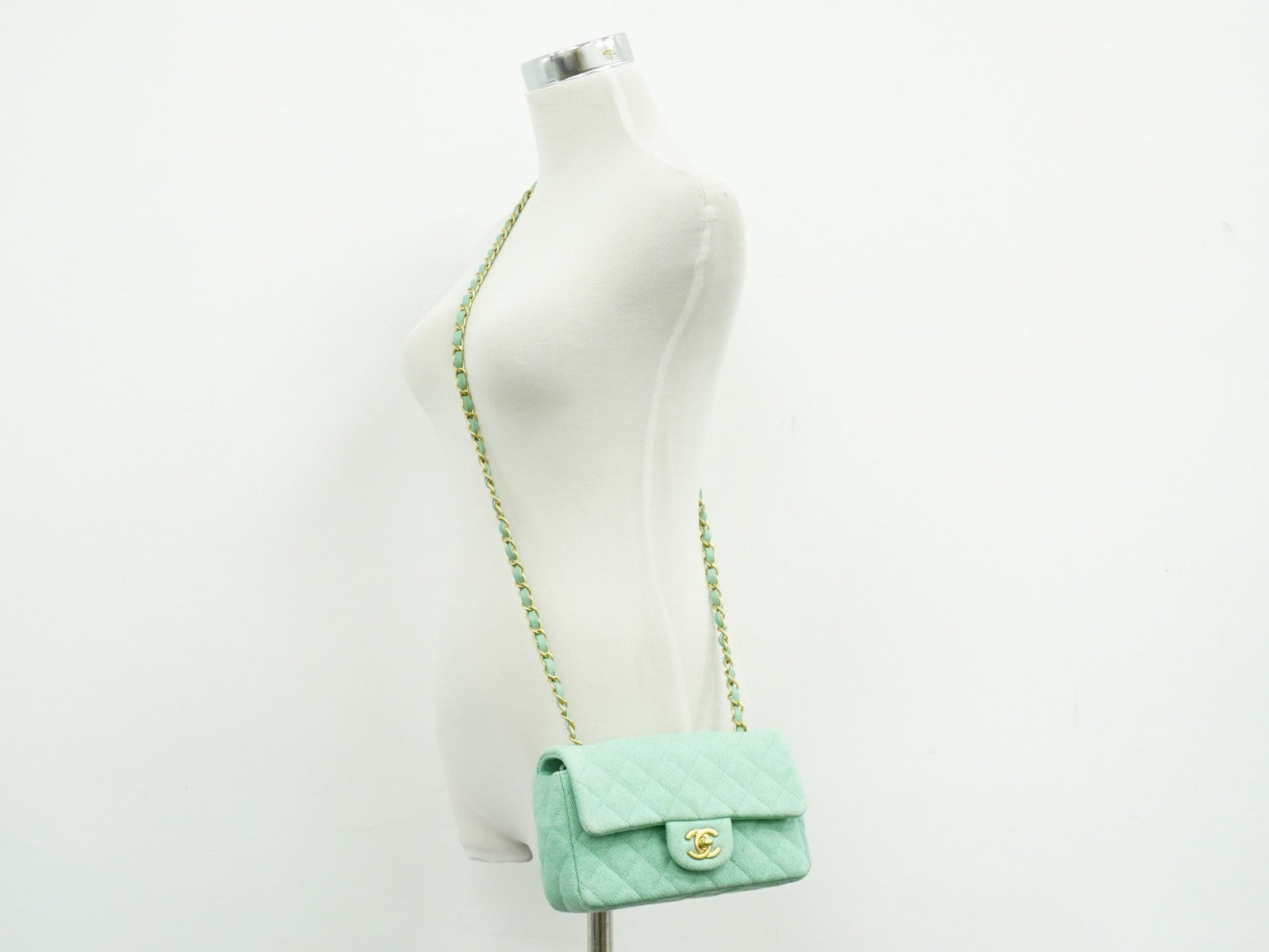 Chanel Classic Single Flap Top Handle Quilted Tweed Green Denim_Jeans Shoulder Bag Bag (Pre-Owned)