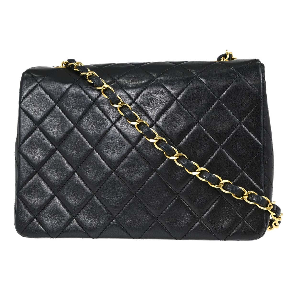 Chanel Vintage Square Classic Single Flap Quilted Lambskin Black Leather Handbag (Pre-Owned)