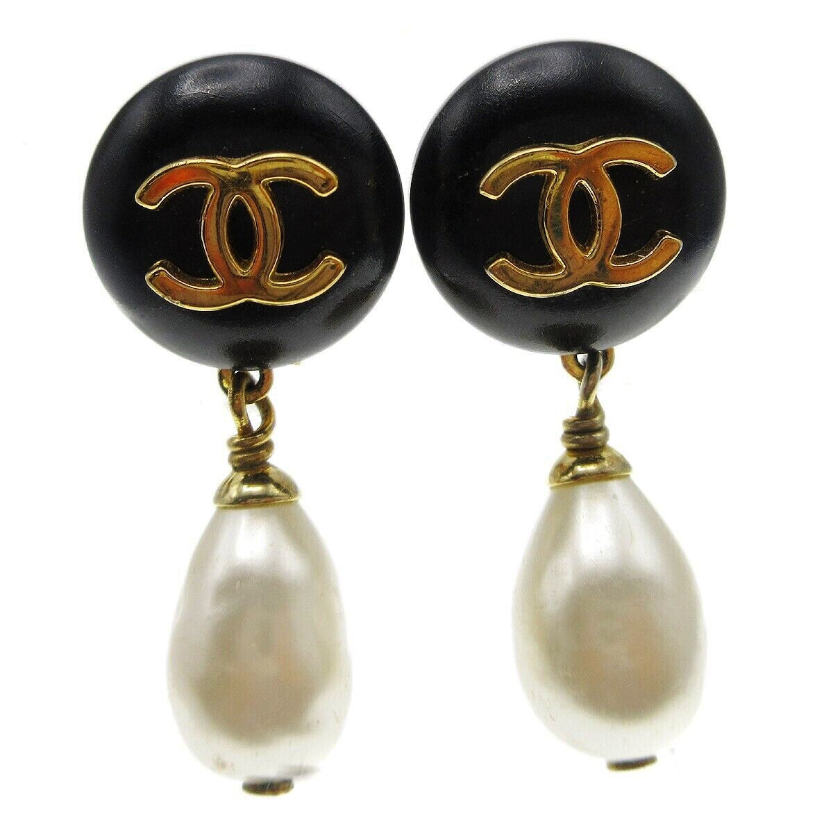 Chanel Vintage Cc Dangle Metal With Crystals Black Gold_Plated Earrings Jewelry (Pre-Owned)