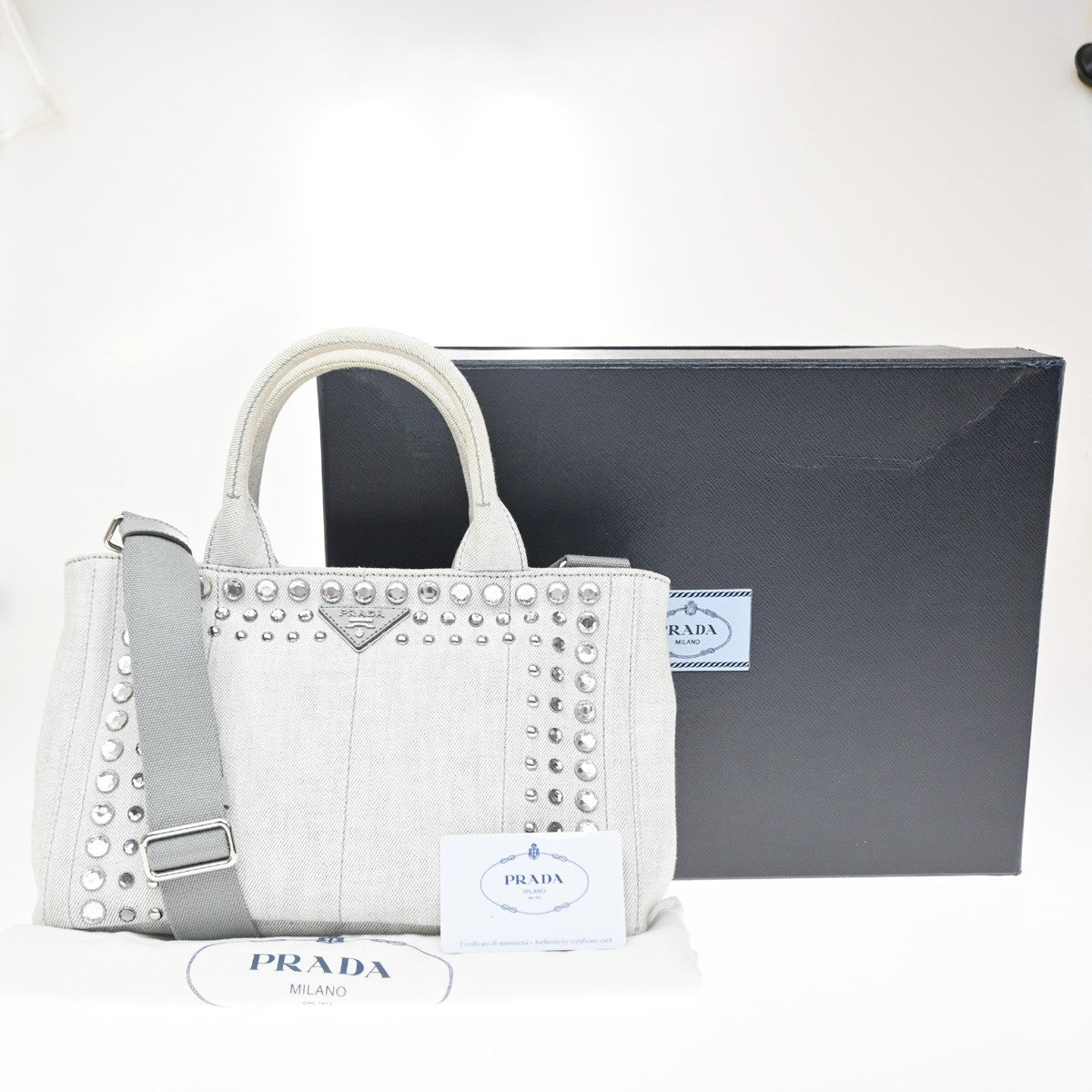 Prada Canapa Convertible Rhinestone Embellished Canvas Gray Canvas Tote Bag Bag (Pre-Owned)