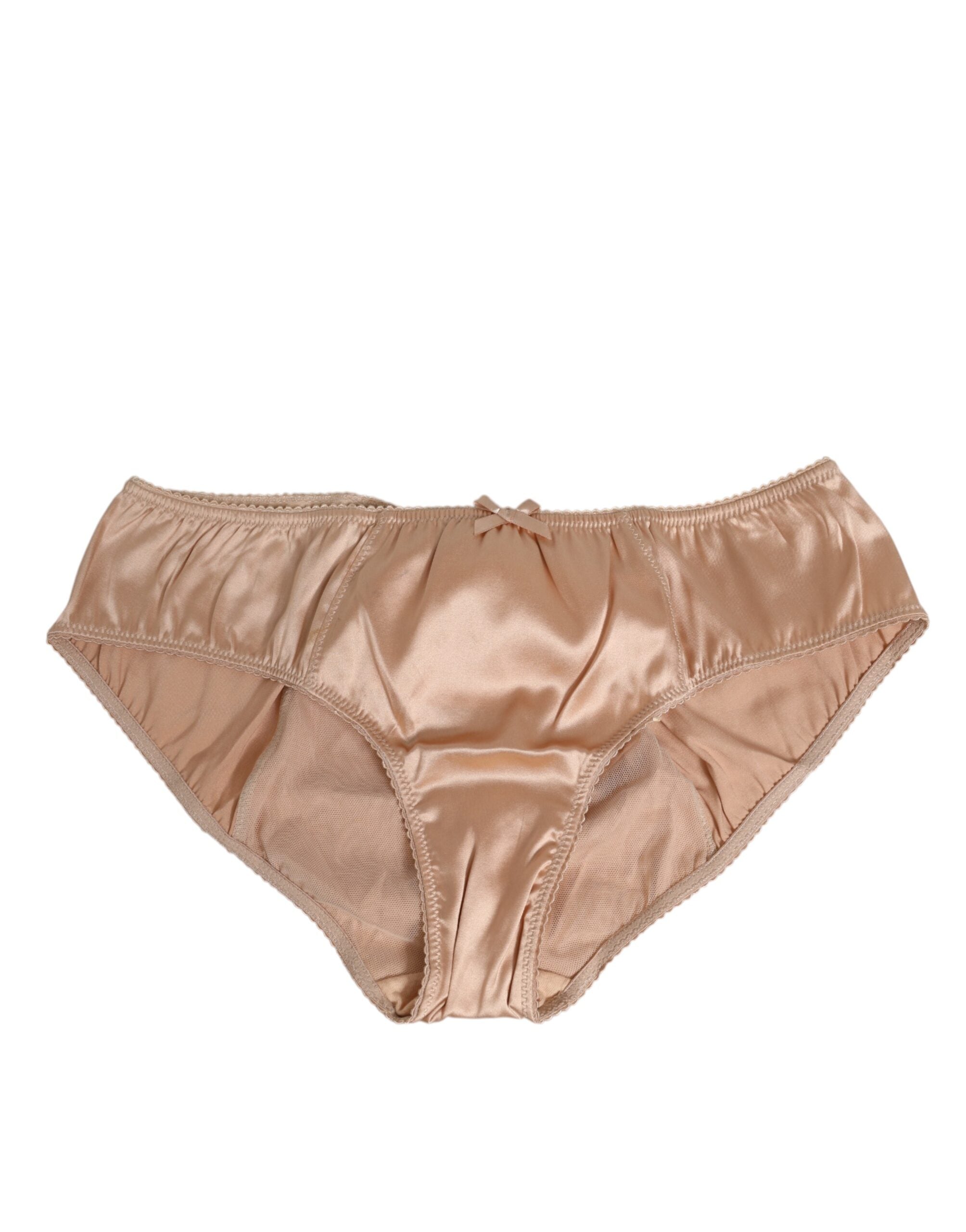 Dolce & Gabbana Nude Beige Silk Satin Bow Lace Trim Women's Underwear
