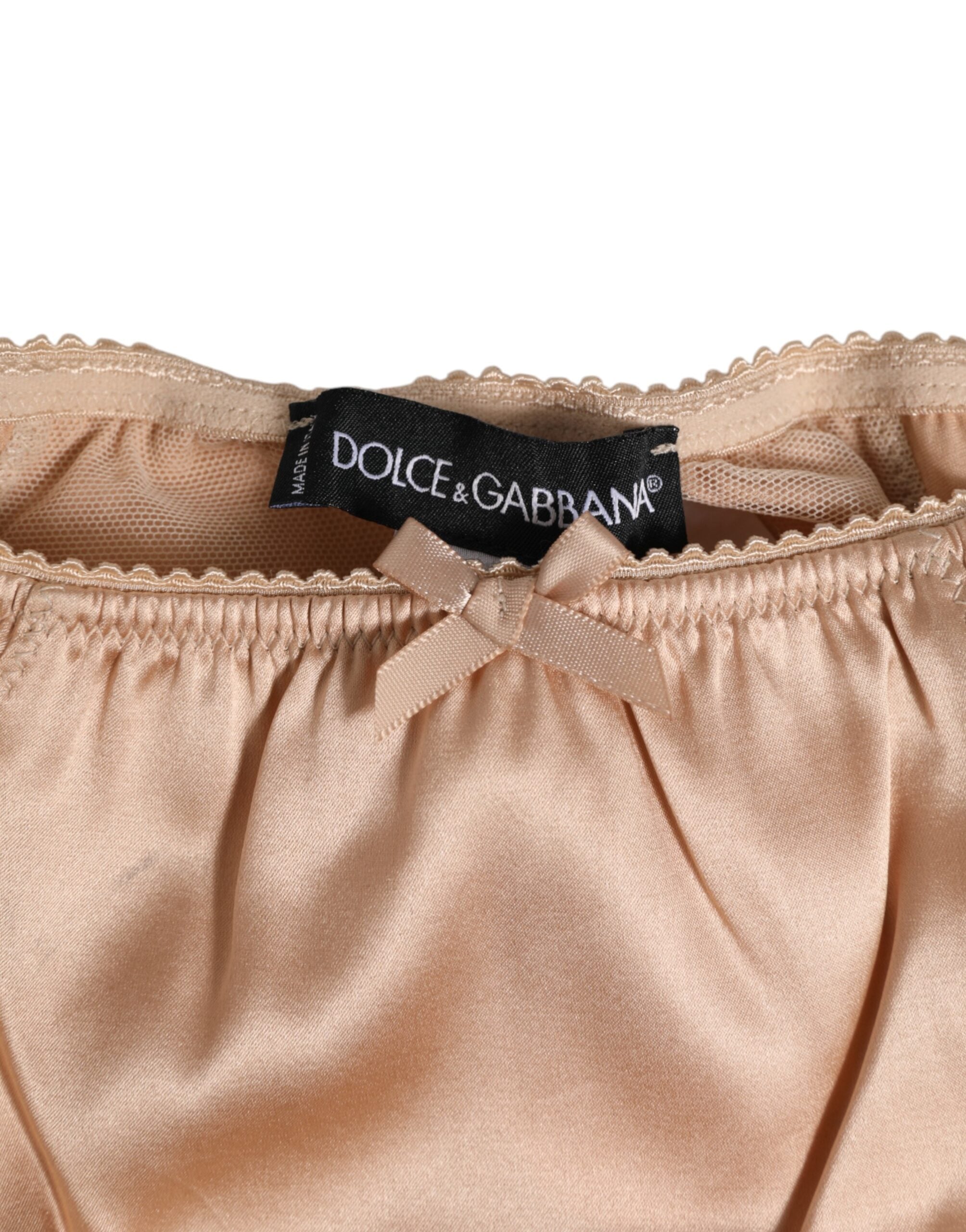 Dolce & Gabbana Nude Beige Silk Satin Bow Lace Trim Women's Underwear