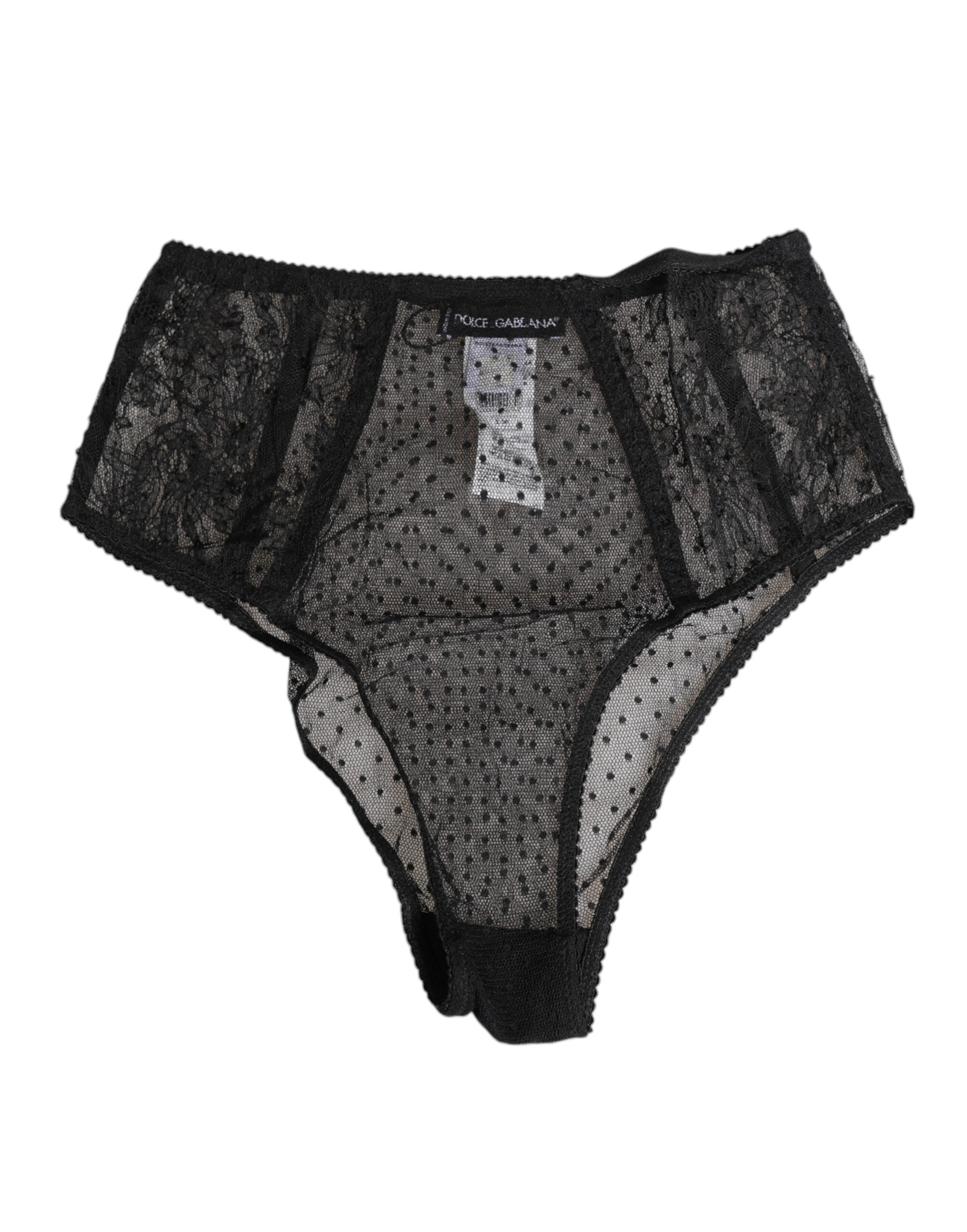 Dolce & Gabbana Black Lace Polka Dot Mesh High Waist Women's Underwear