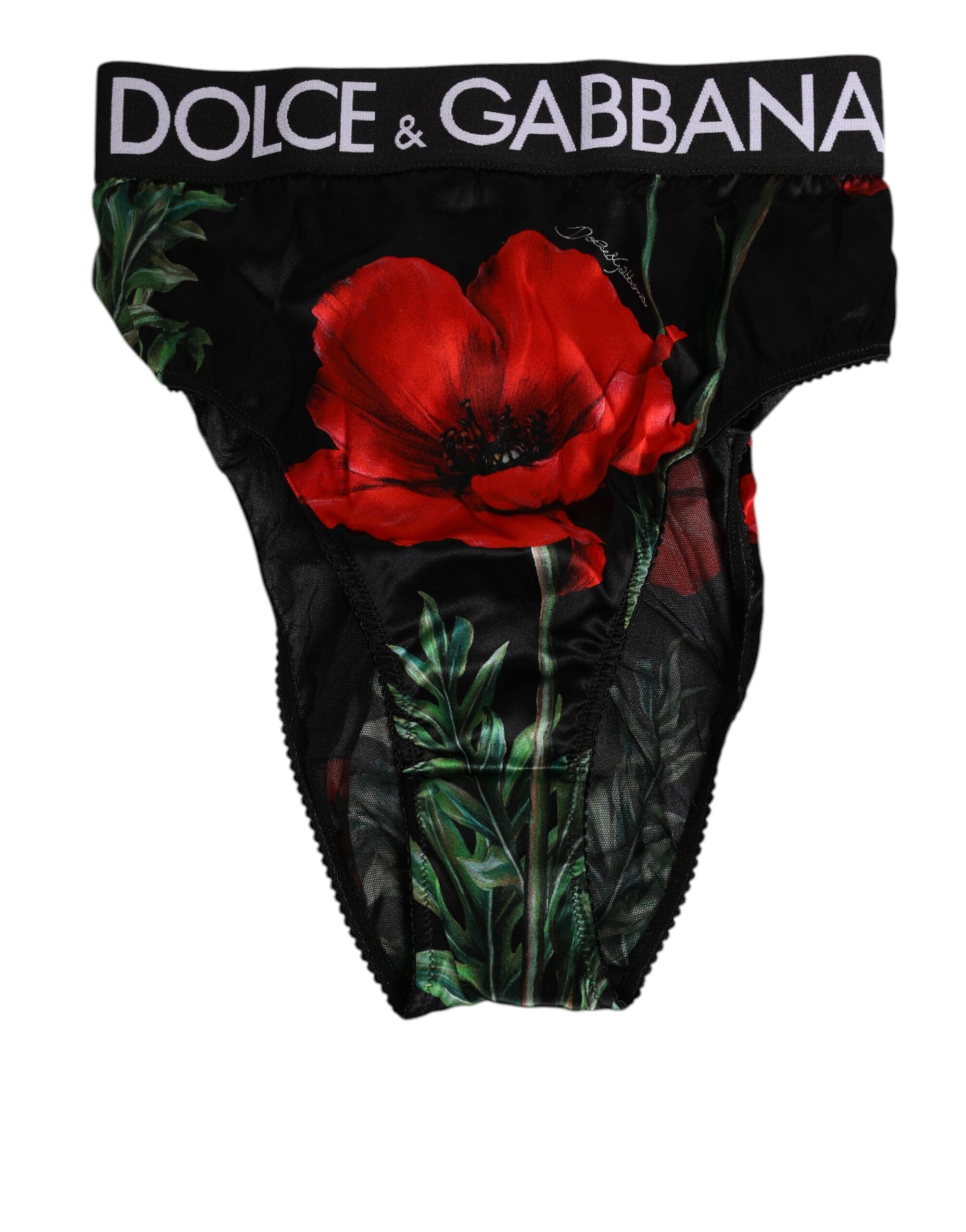 Dolce & Gabbana Black Floral Print High Waist Sheer Mesh Women's Underwear