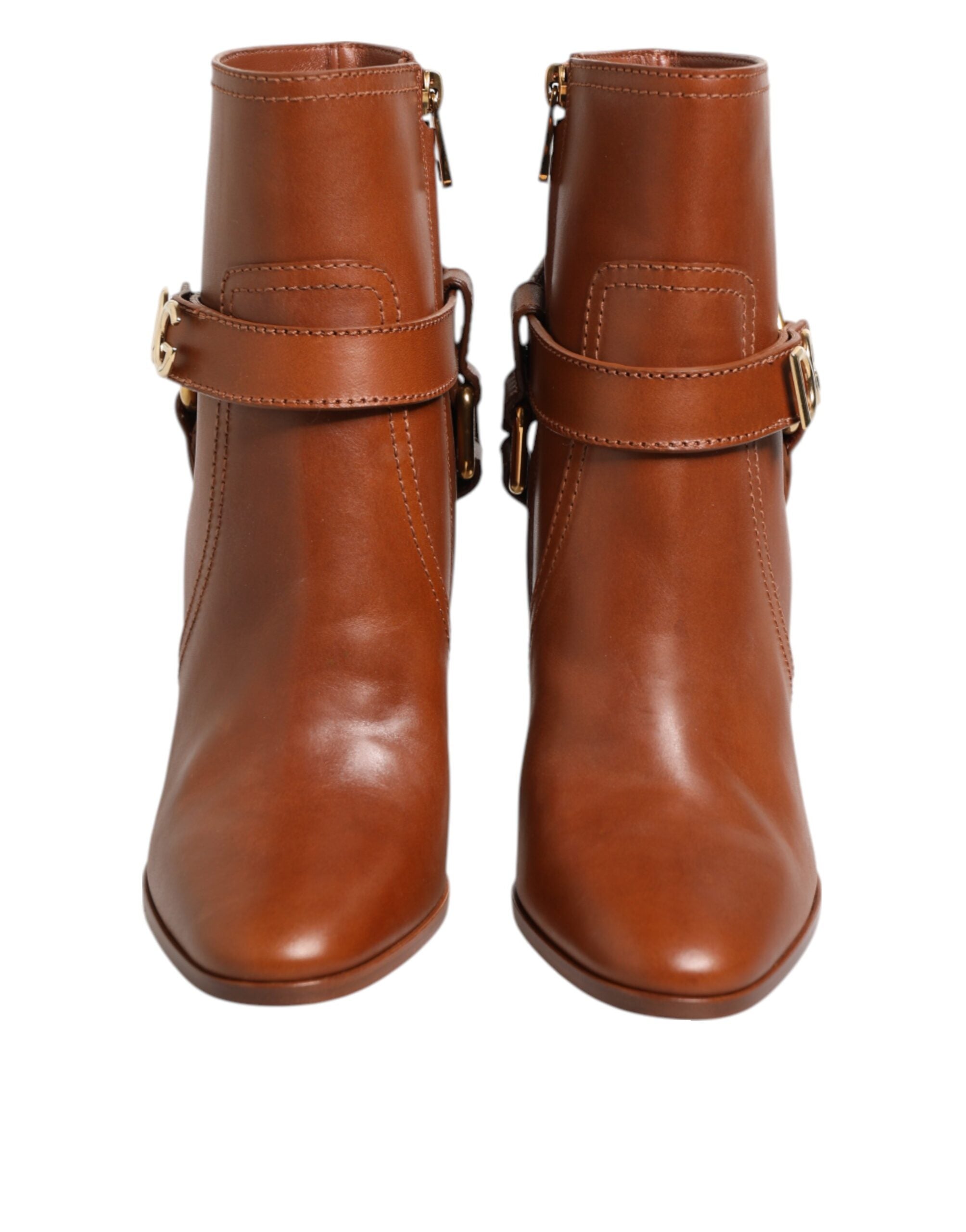 Dolce & Gabbana Brown Leather DG Logo Buckle Ankle Boots Women's Shoes