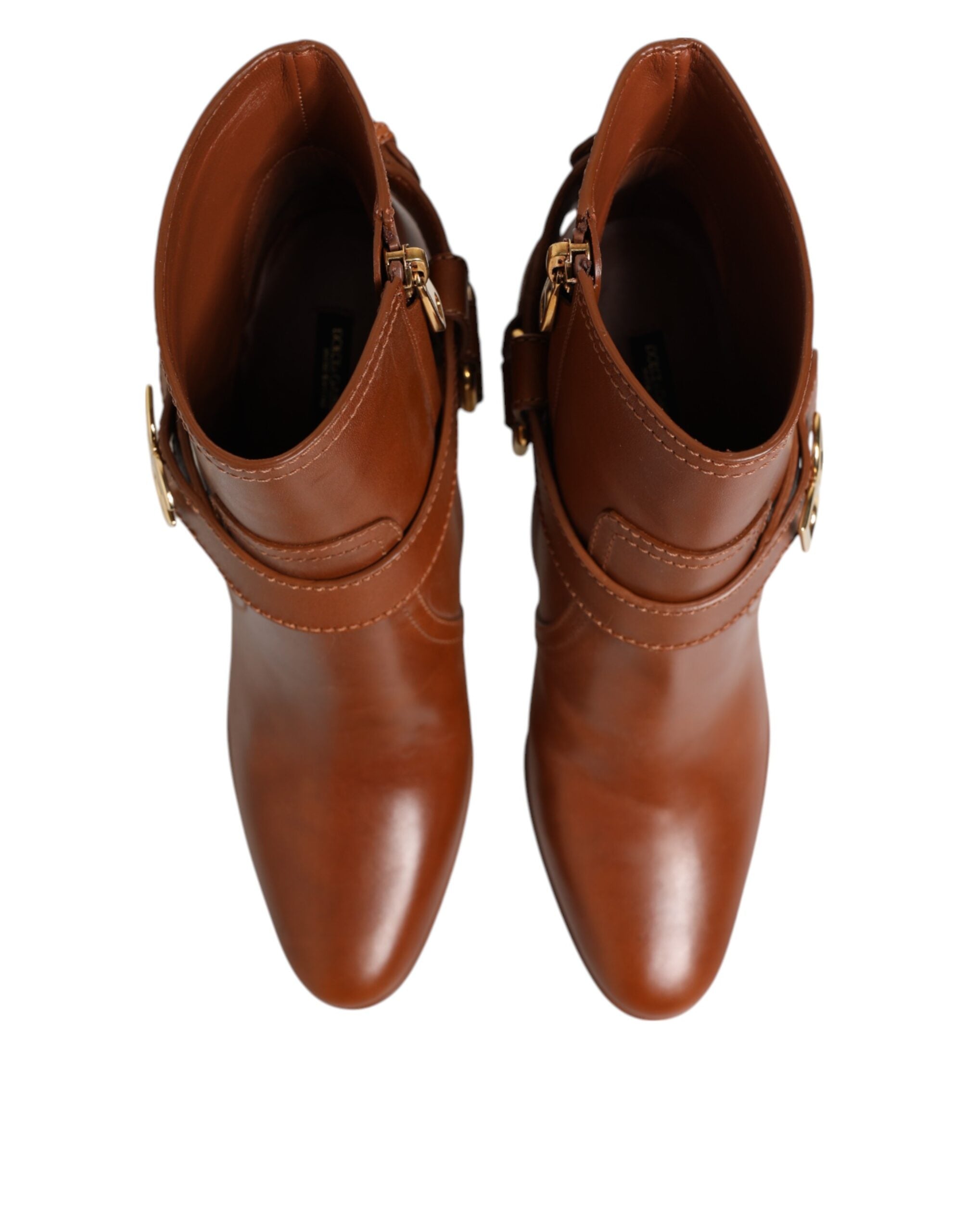 Dolce & Gabbana Brown Leather DG Logo Buckle Ankle Boots Women's Shoes