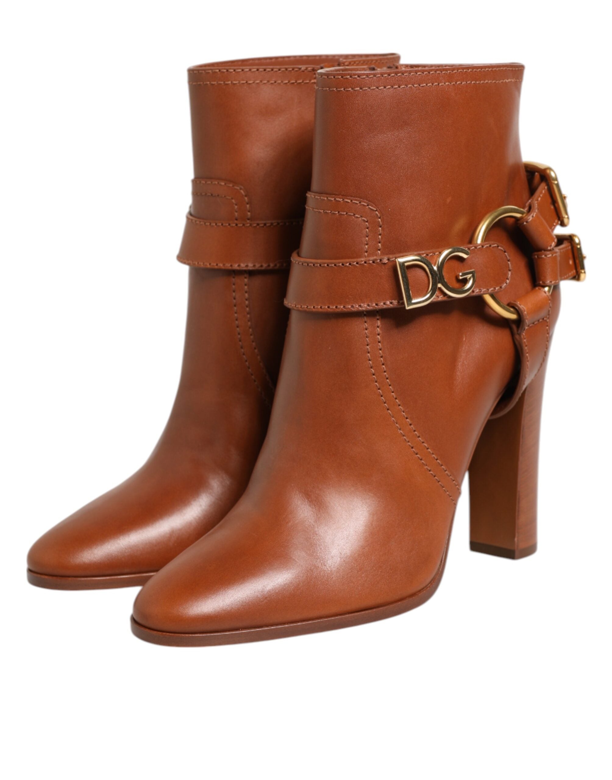 Dolce & Gabbana Brown Leather DG Logo Buckle Ankle Boots Women's Shoes