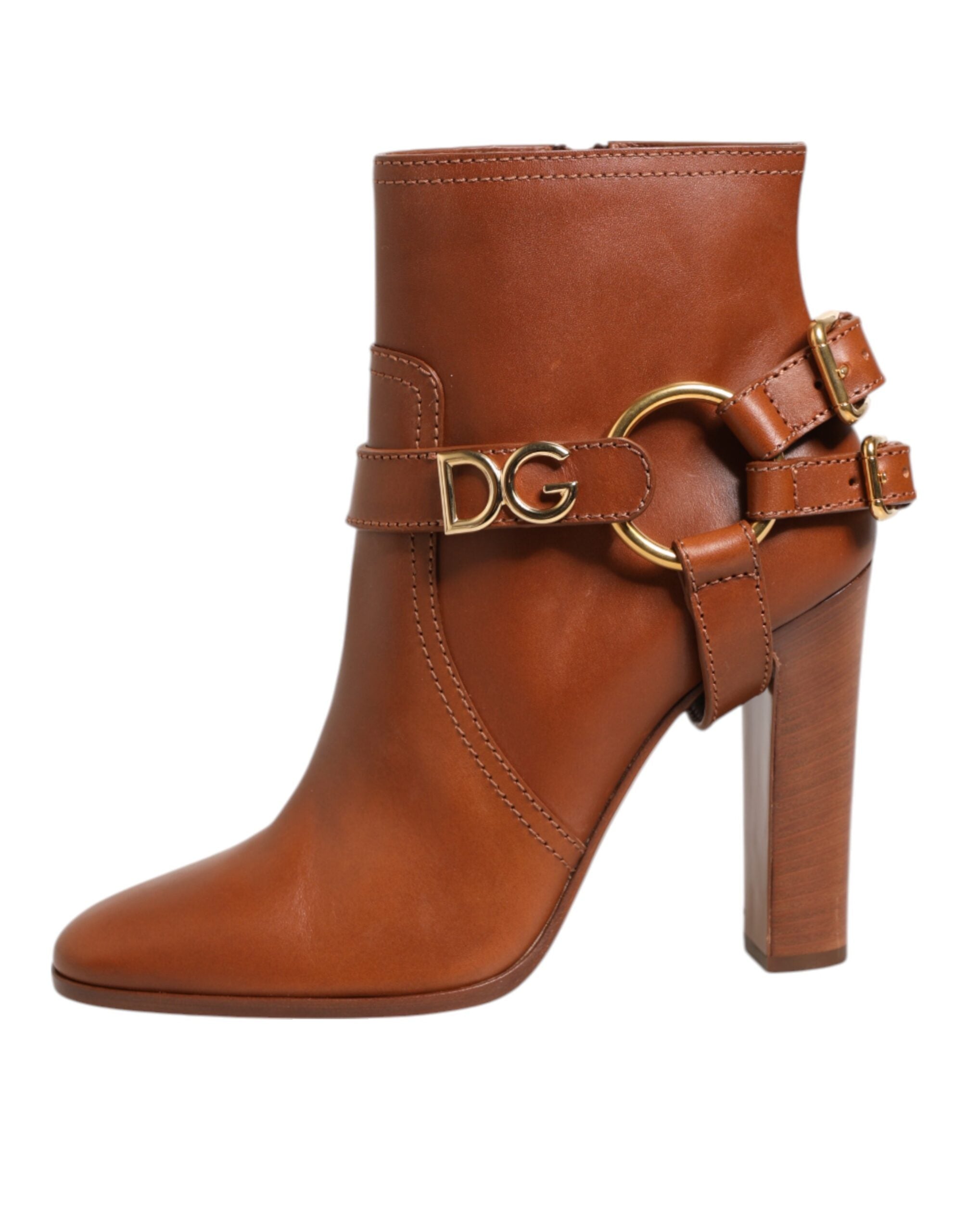 Dolce & Gabbana Brown Leather DG Logo Buckle Ankle Boots Women's Shoes