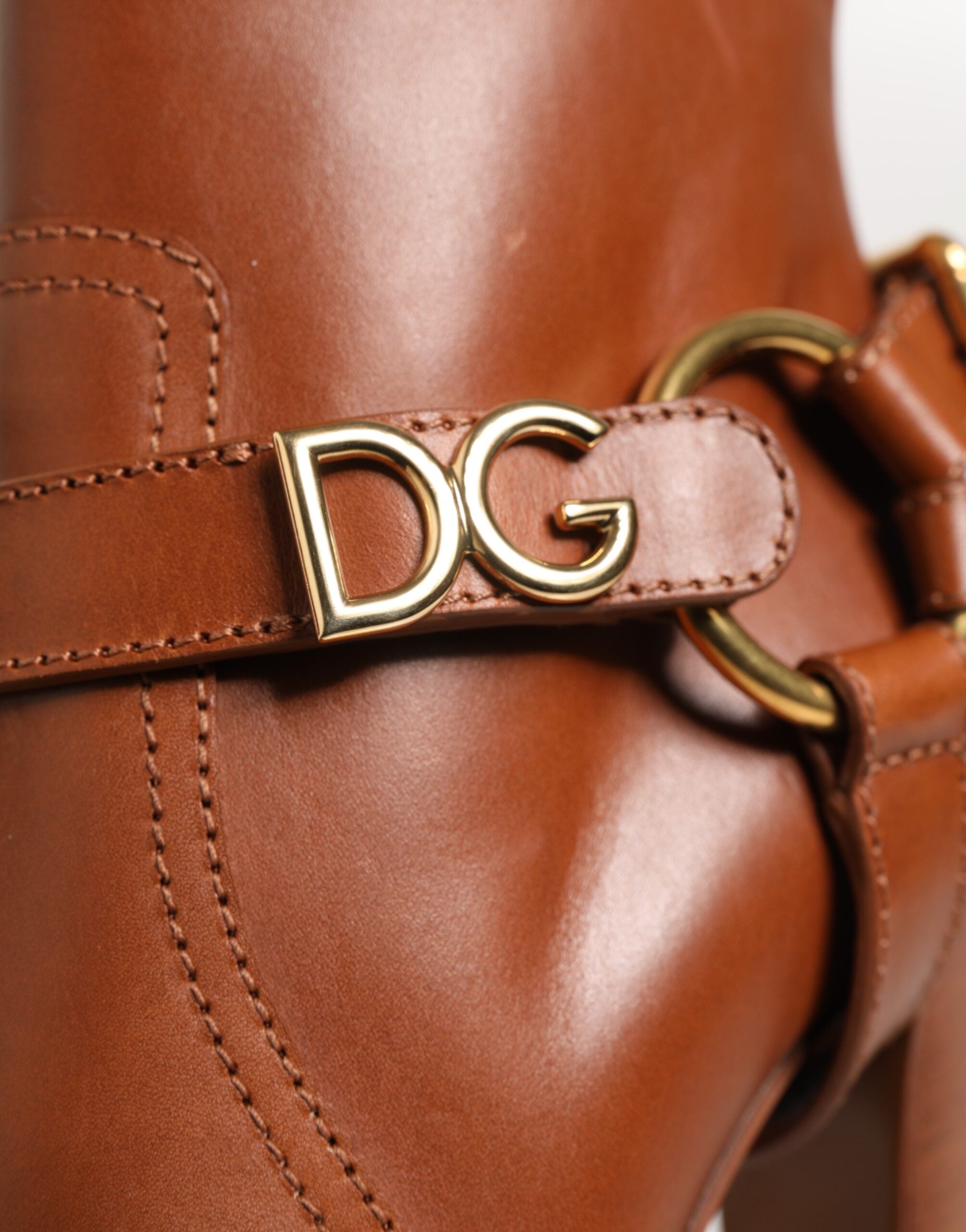 Dolce & Gabbana Brown Leather DG Logo Buckle Ankle Boots Women's Shoes