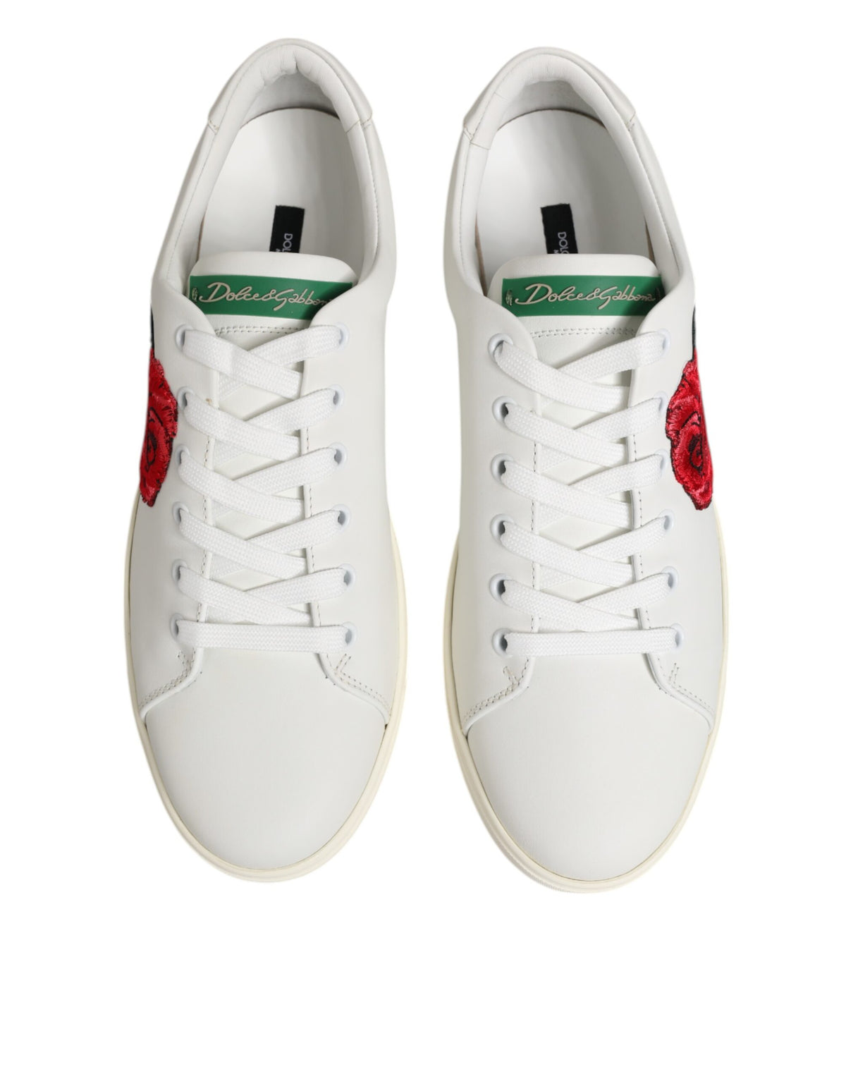 Dolce & Gabbana White Leather Rose Embroidery Low-Top Women's Shoes