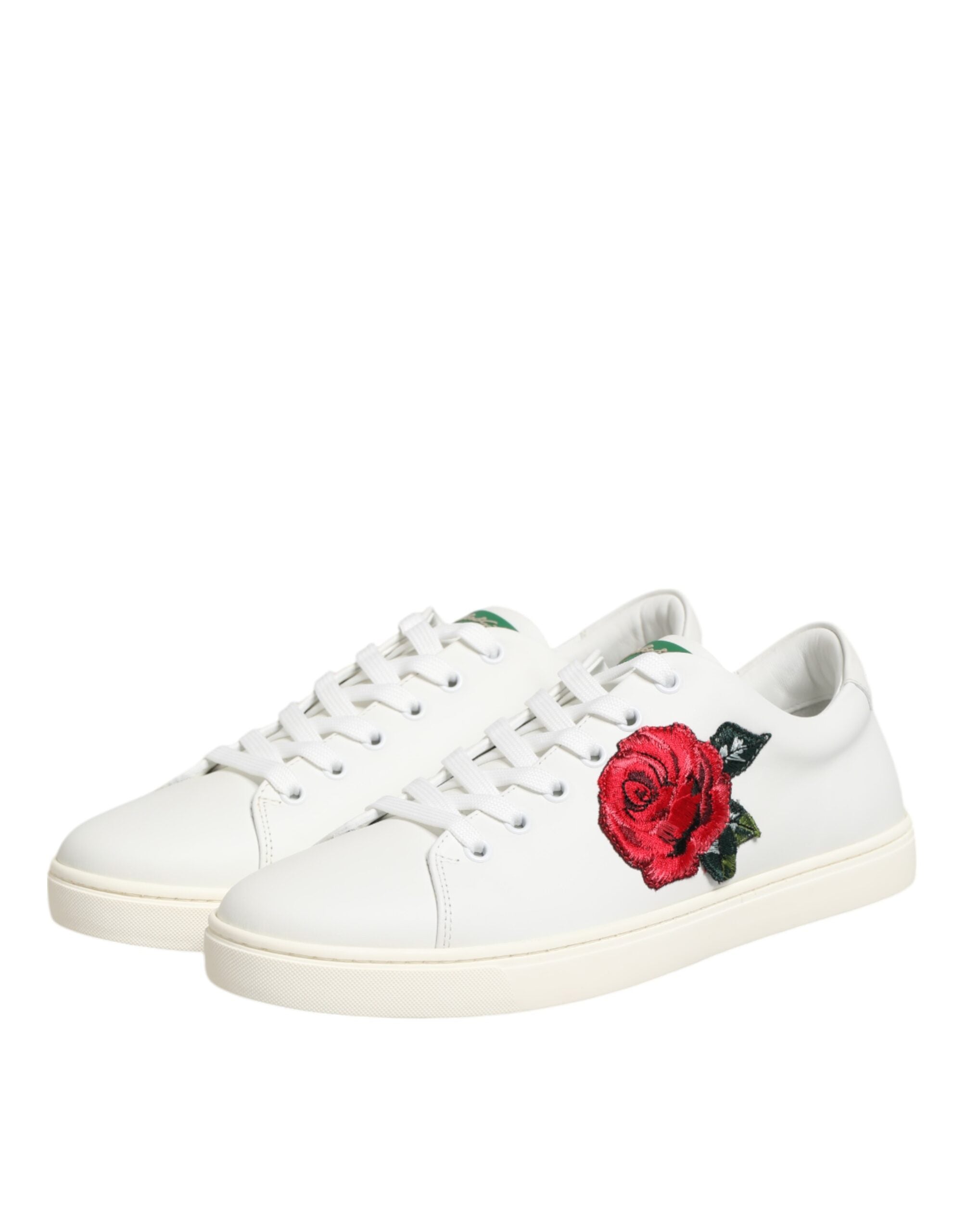 Dolce & Gabbana White Leather Rose Embroidery Low-Top Women's Shoes