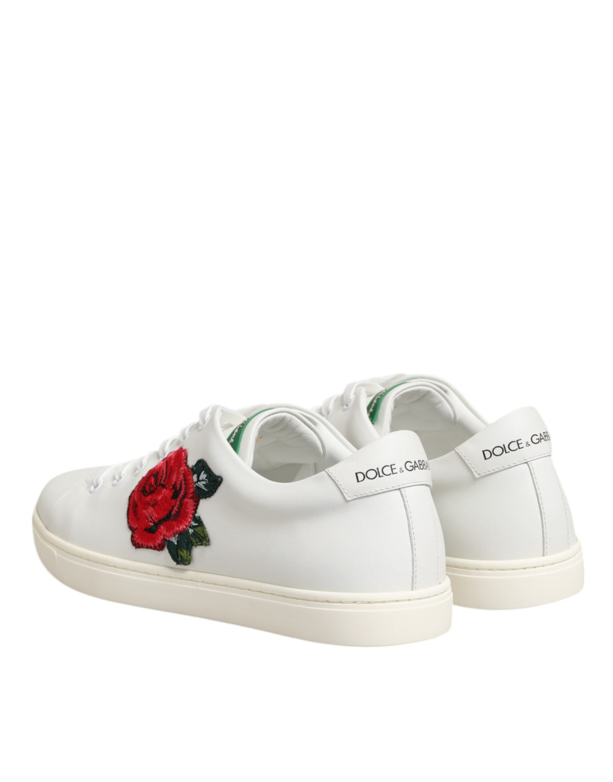 Dolce & Gabbana White Leather Rose Embroidery Low-Top Women's Shoes