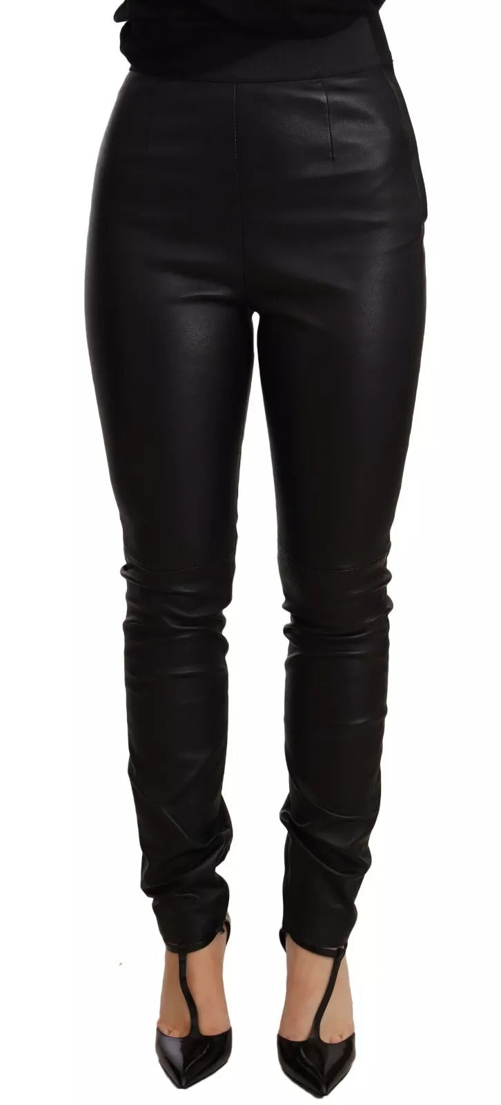 Dolce & Gabbana Black Leather Elastic Waist Trouser Women's Pants (Pre-Owned)