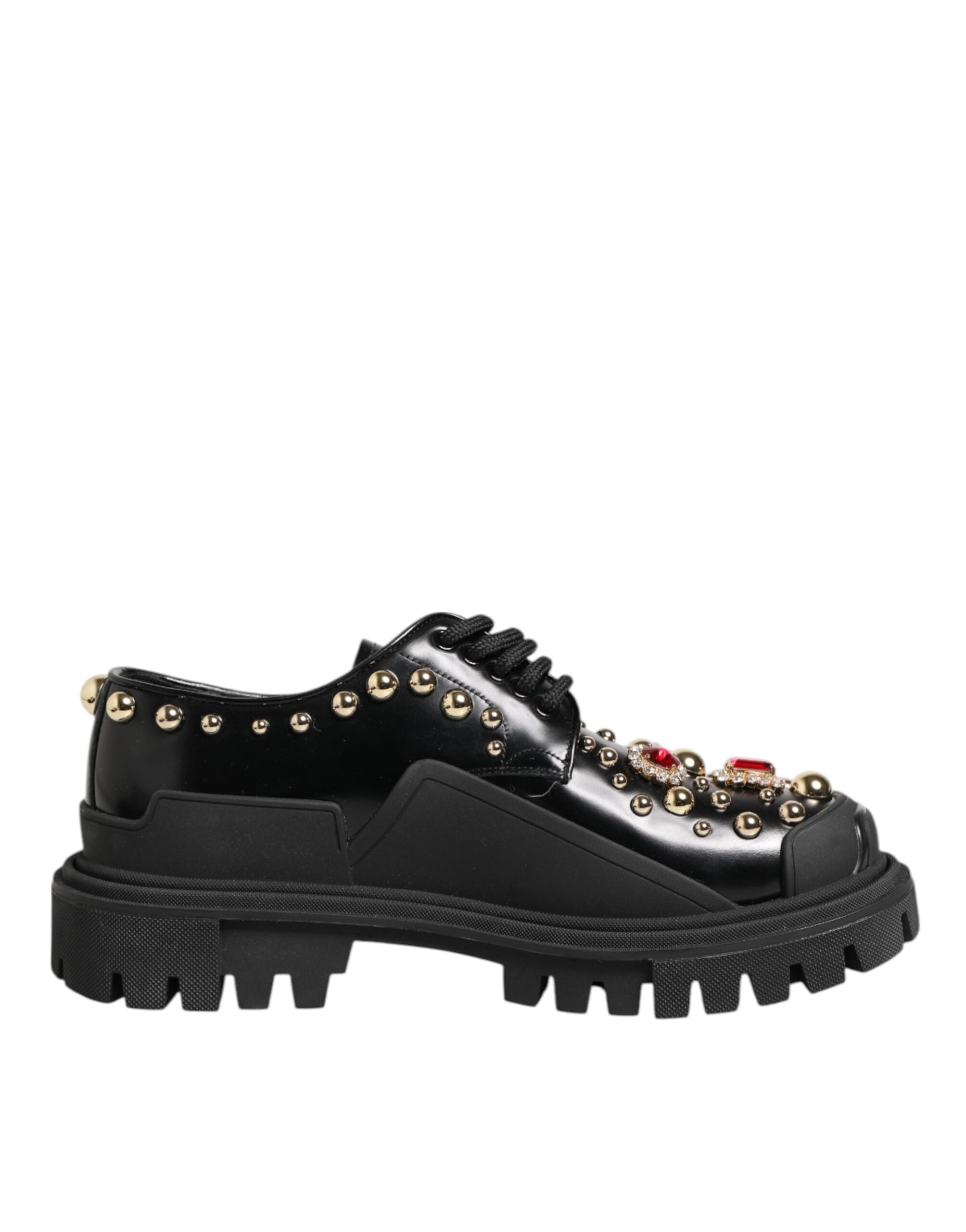 Dolce & Gabbana Black Leather Jeweled Crystals Derby Women's Shoes