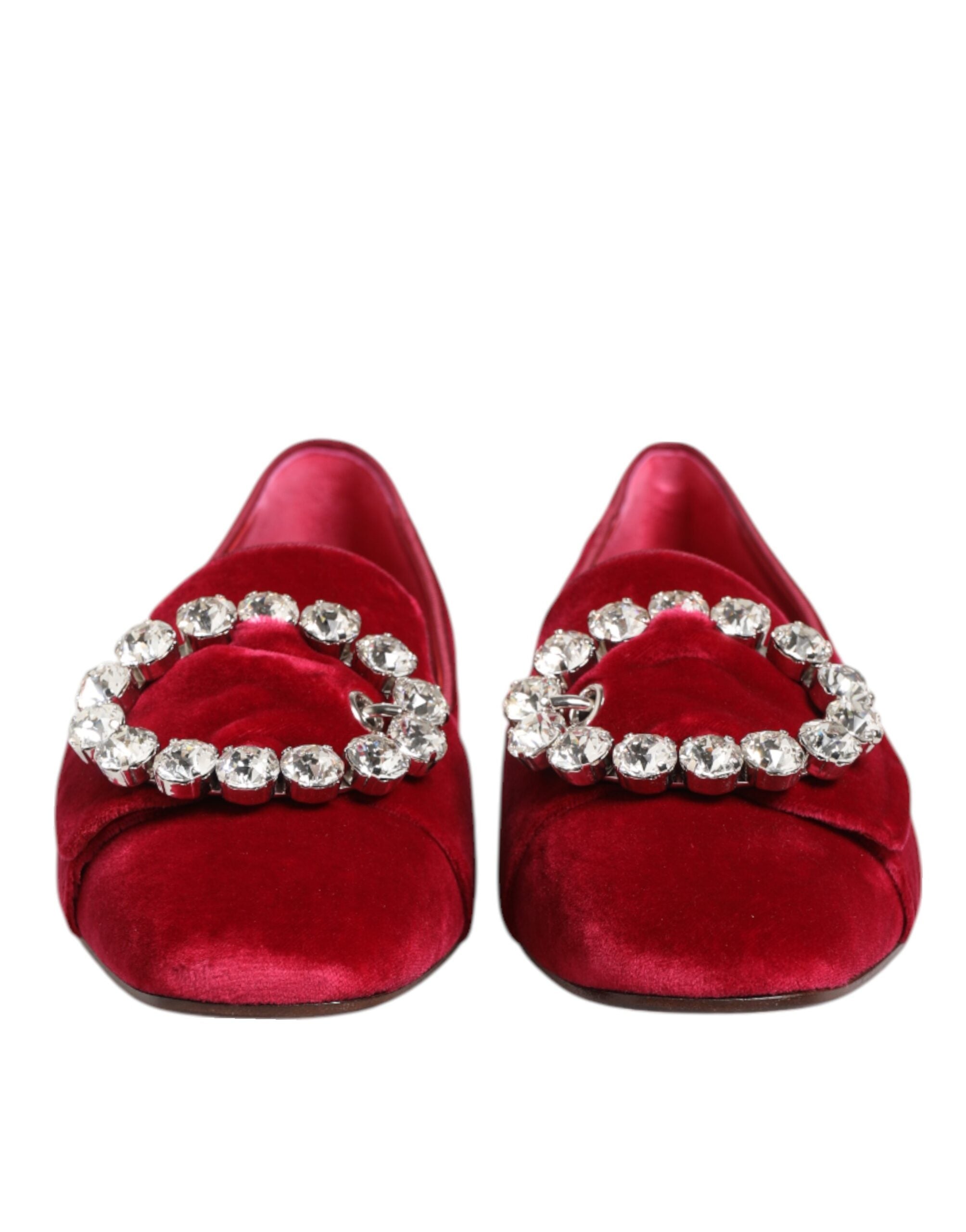 Dolce & Gabbana Red Velvet Crystal Buckle Loafers Flats Women's Shoes