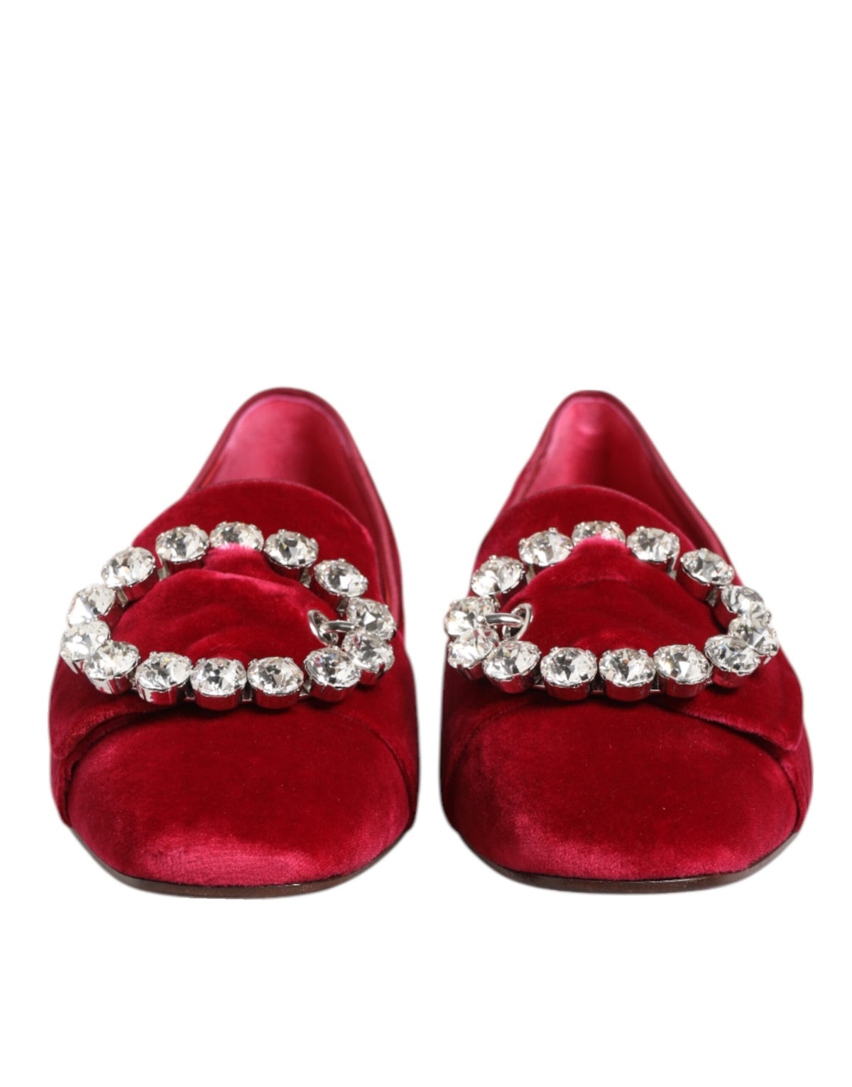 Dolce & Gabbana Red Velvet Crystal Buckle Loafers Flats Women's Shoes