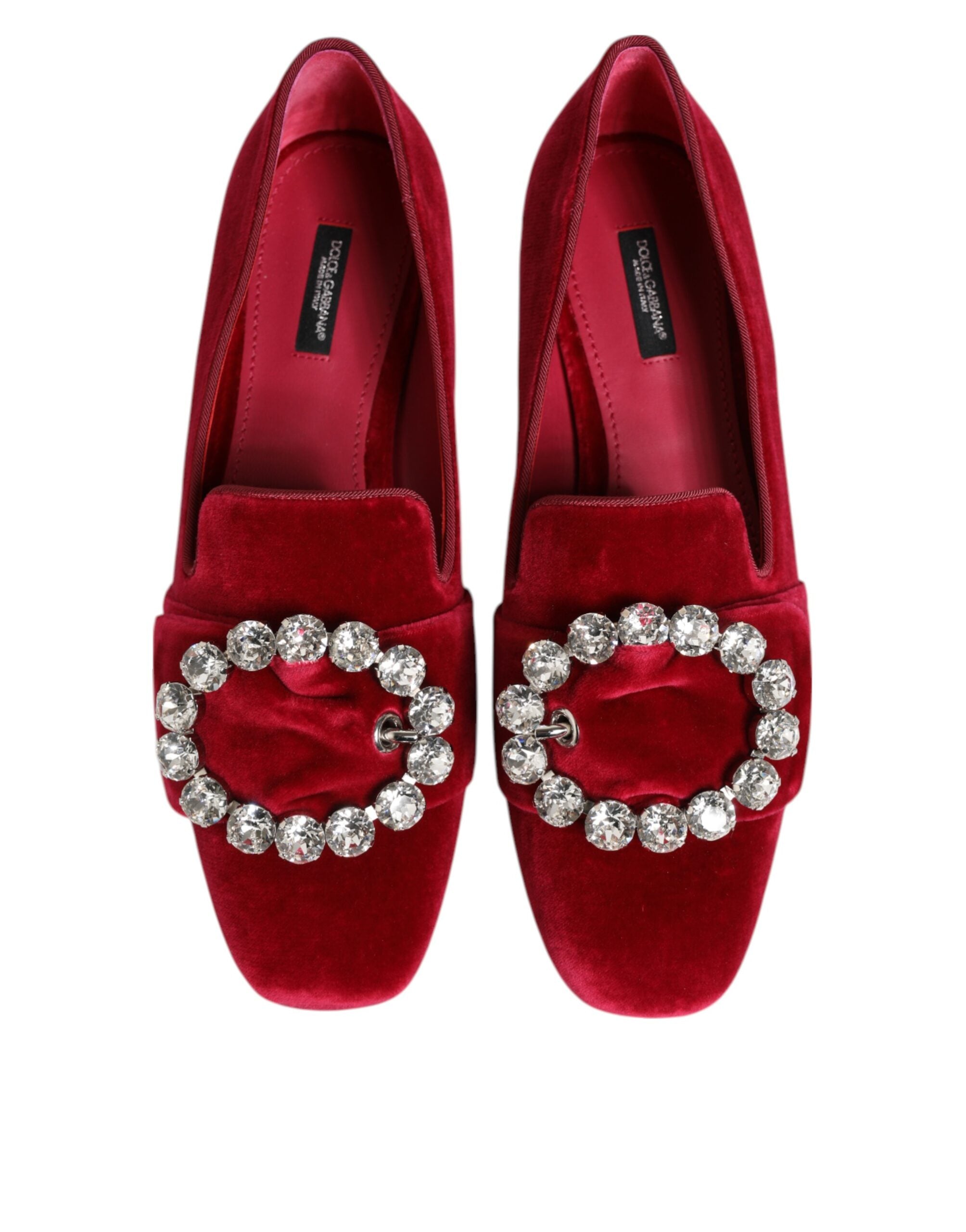 Dolce & Gabbana Red Velvet Crystal Buckle Loafers Flats Women's Shoes