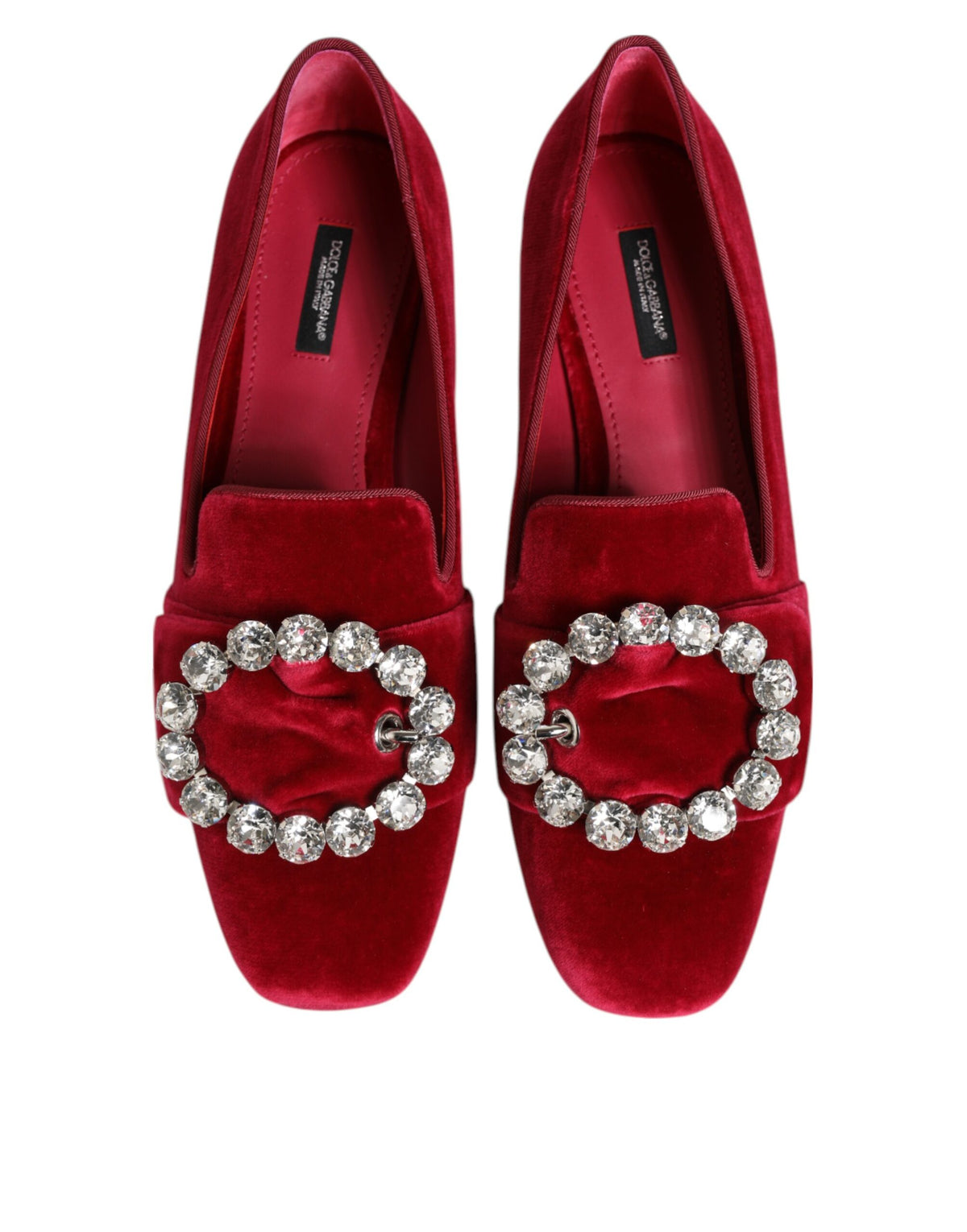 Dolce & Gabbana Red Velvet Crystal Buckle Loafers Flats Women's Shoes