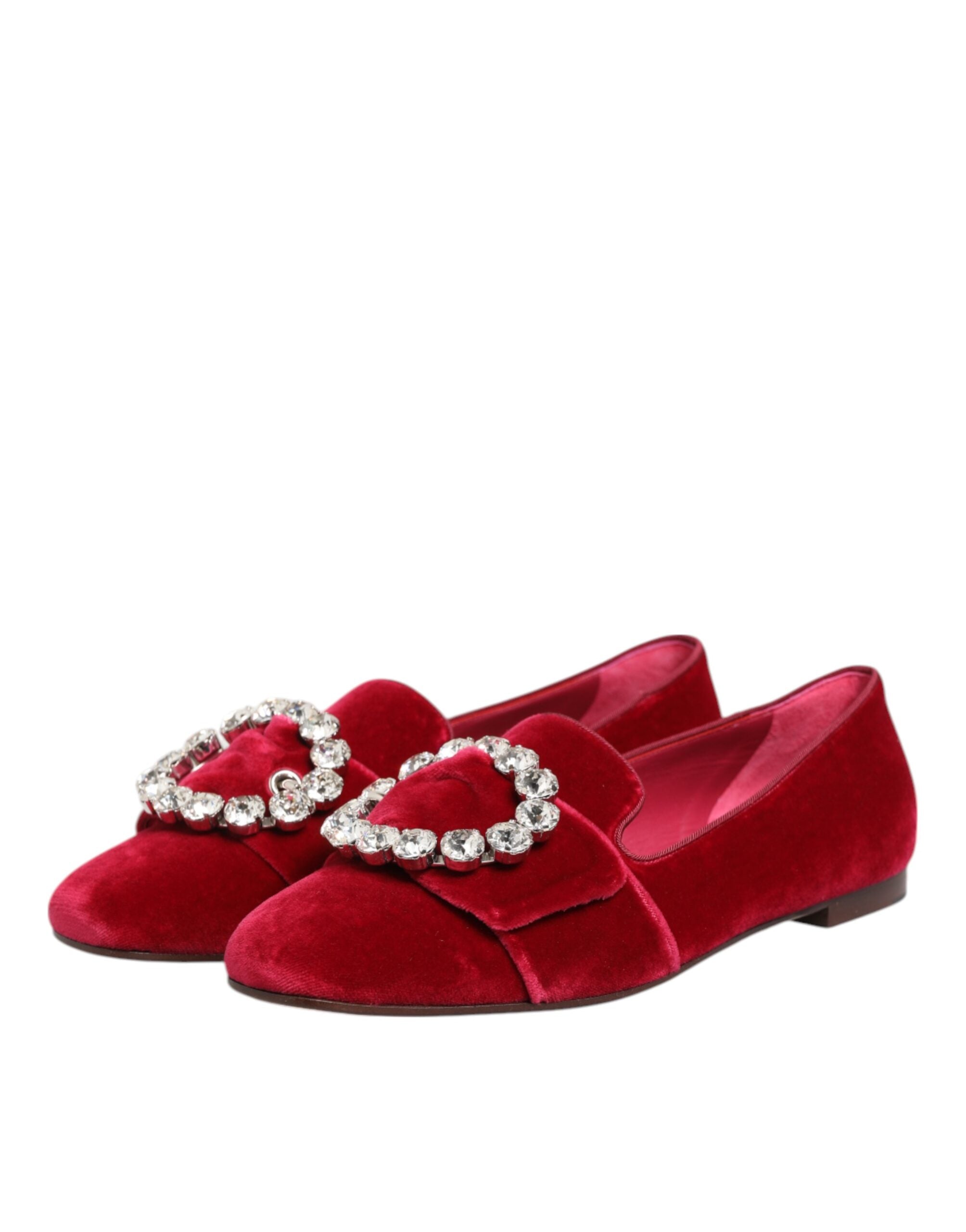 Dolce & Gabbana Red Velvet Crystal Buckle Loafers Flats Women's Shoes
