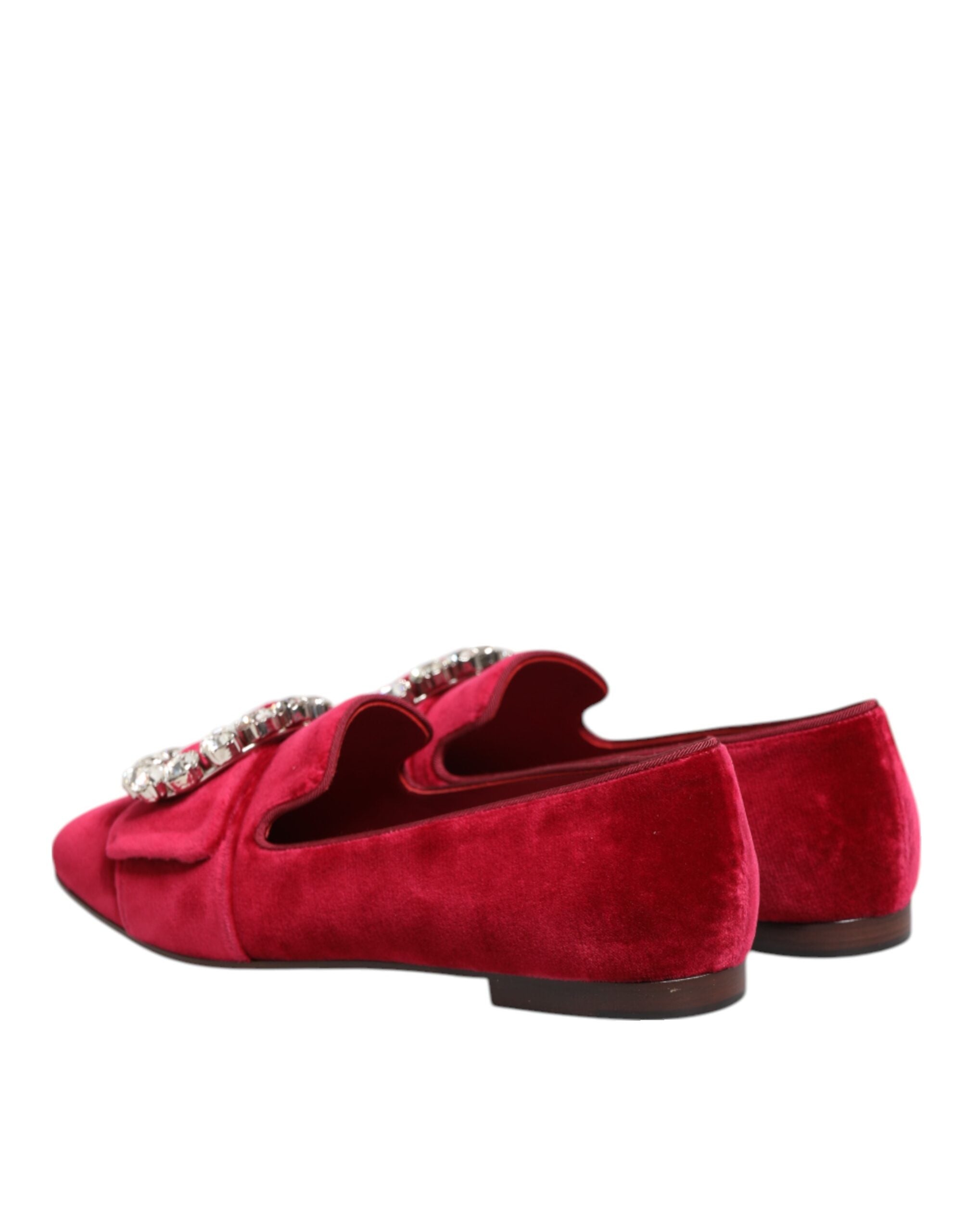 Dolce & Gabbana Red Velvet Crystal Buckle Loafers Flats Women's Shoes