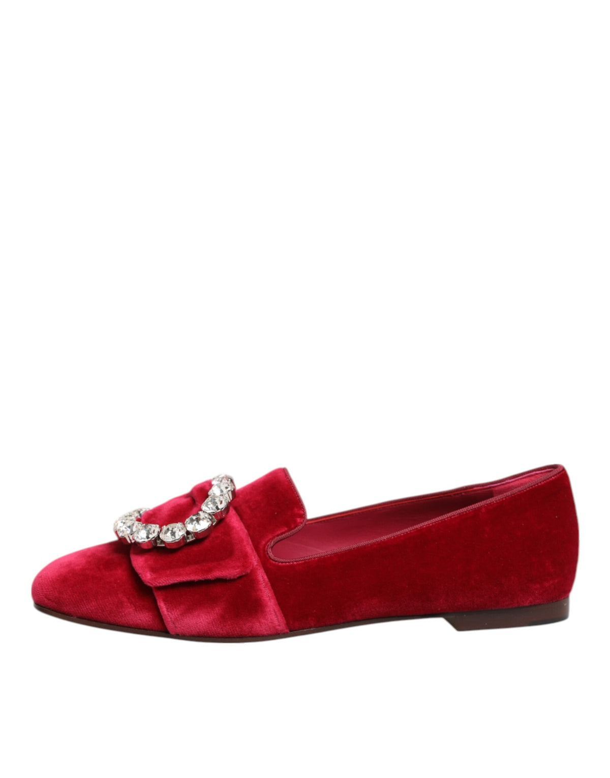 Dolce & Gabbana Red Velvet Crystal Buckle Loafers Flats Women's Shoes