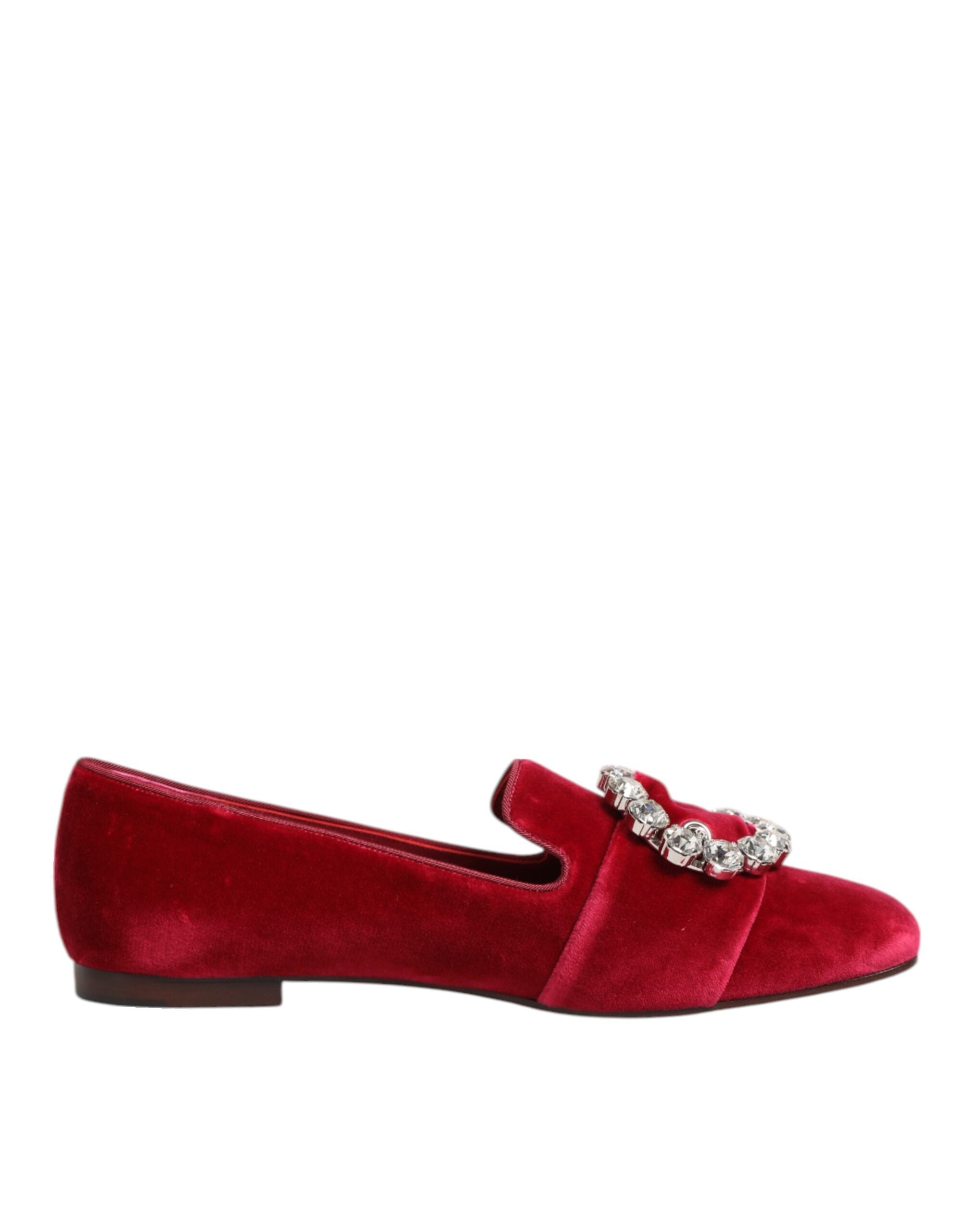 Dolce & Gabbana Red Velvet Crystal Buckle Loafers Flats Women's Shoes