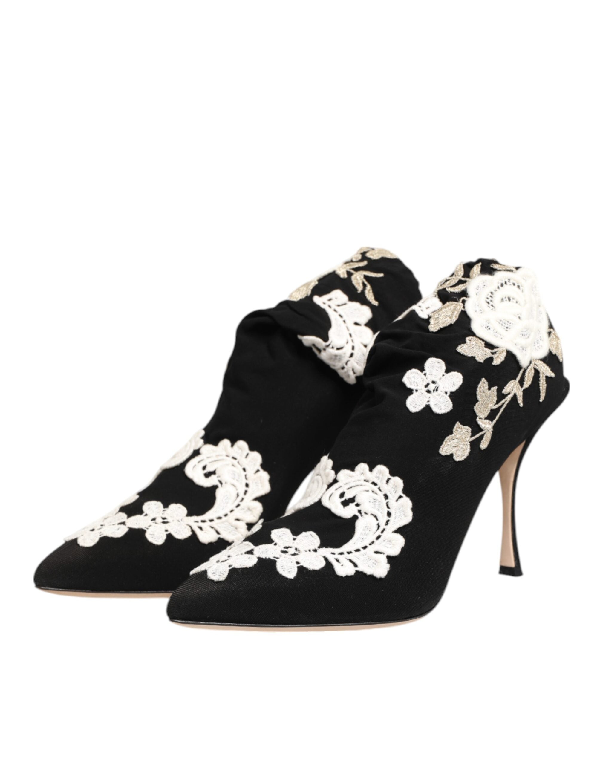 Dolce & Gabbana Black White Embroidered Jersey Stiletto Boots Women's Shoes