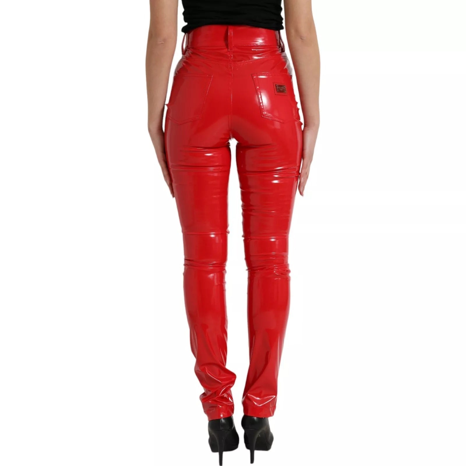 Dolce & Gabbana Red High Waist Skinny Trouser Shiny Women's Pants (Pre-Owned)